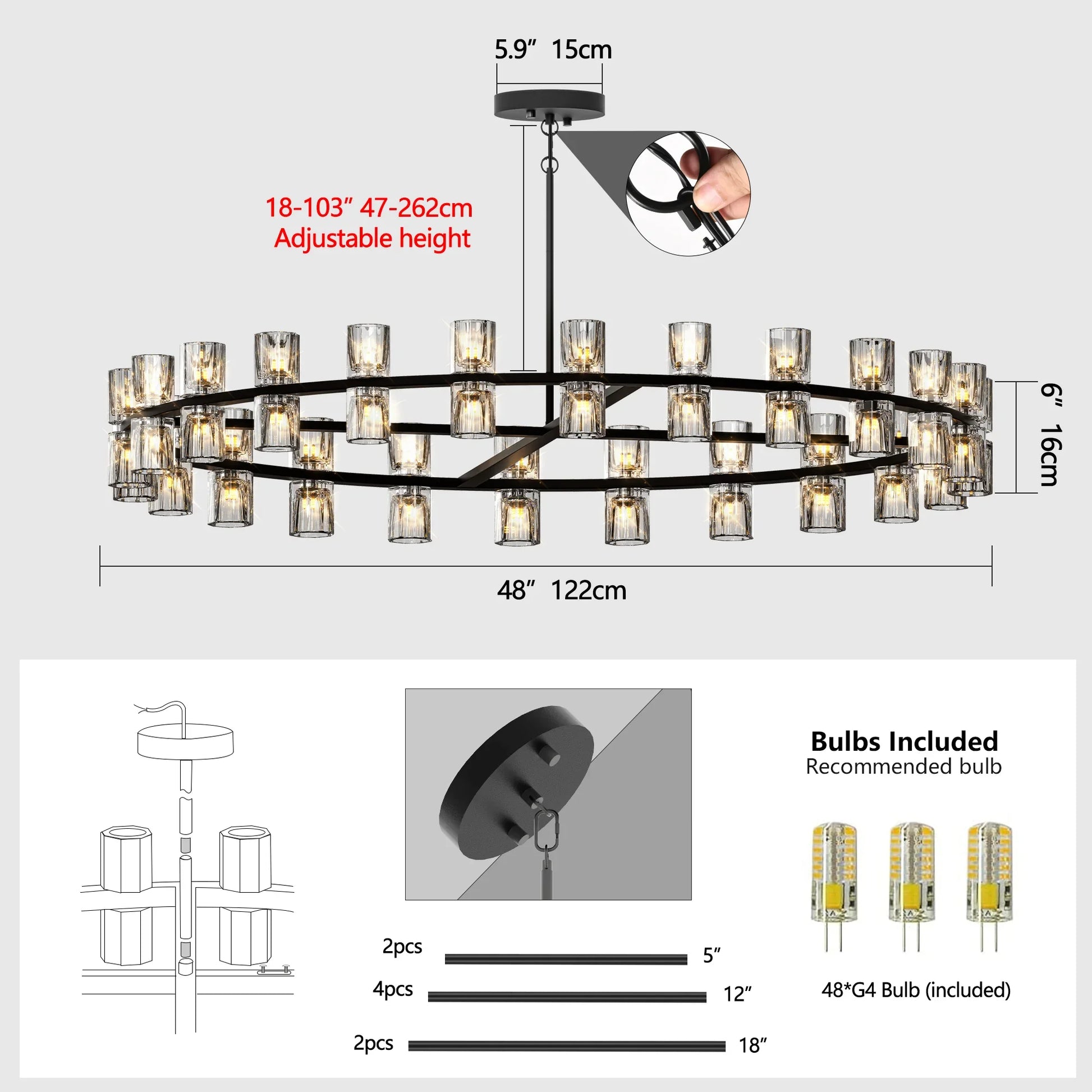 48 Inches Luxury Chandeliers Crystal Living Room Decorative Lights Simple Modern Dining Room(Bulbs Included) - okeli lights