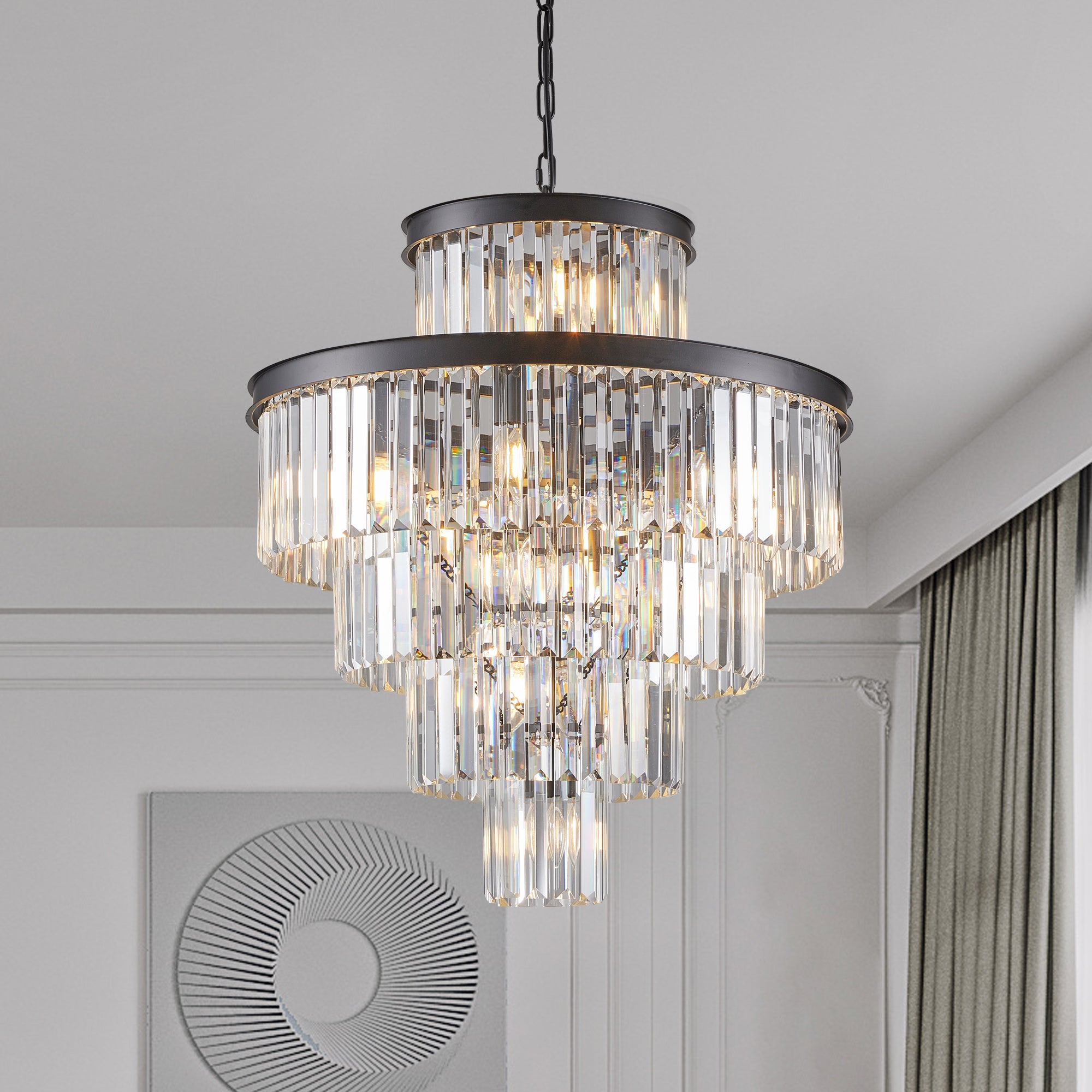 Luxury Crystal Chandelier Modern Lighting Fixture Hanging Pendant Light 23.6 Inch Black