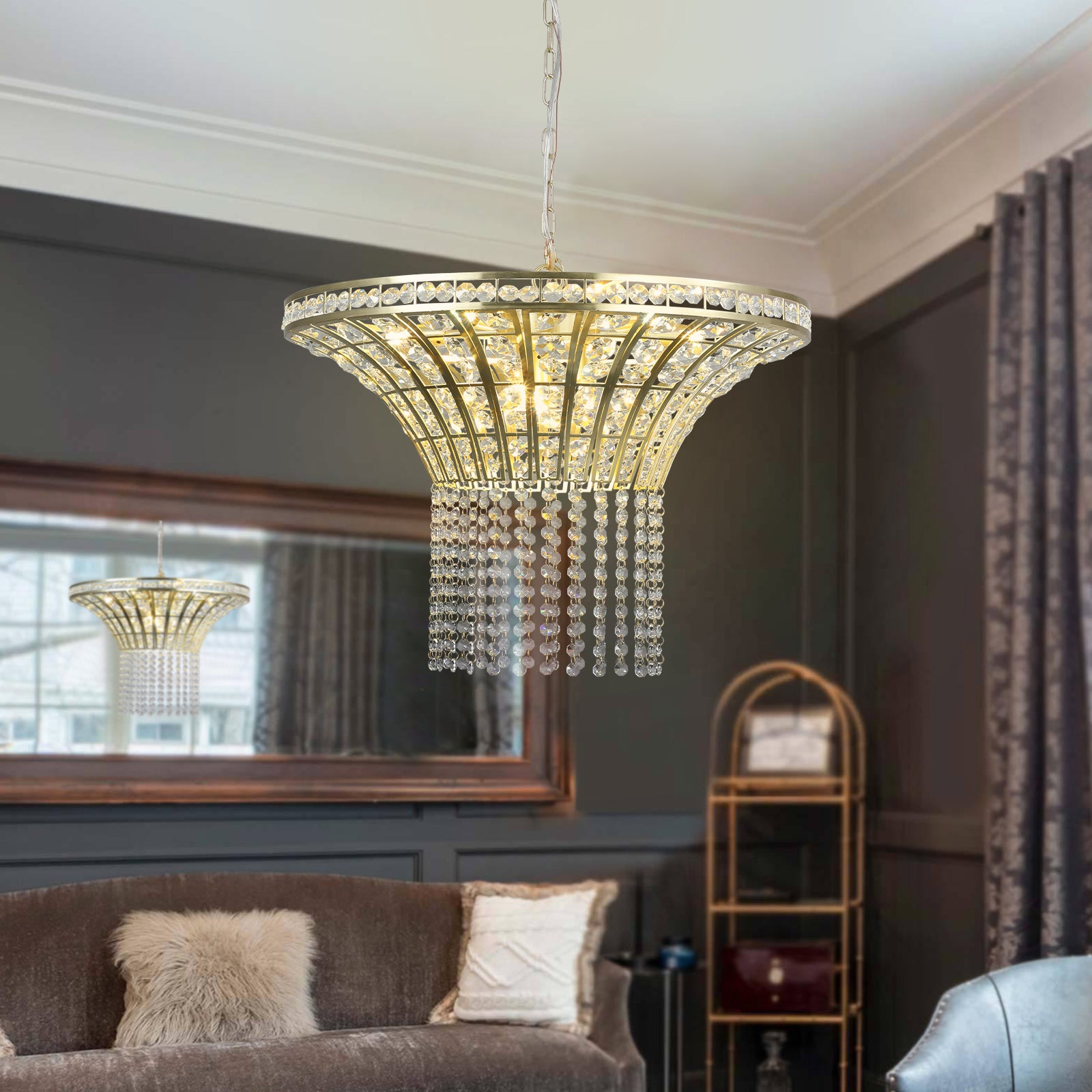 Modern Crystal Chandelier Elegant Gold Finish with Cascading Beads 24-39 inch Luxury Home Decor Light Fixture