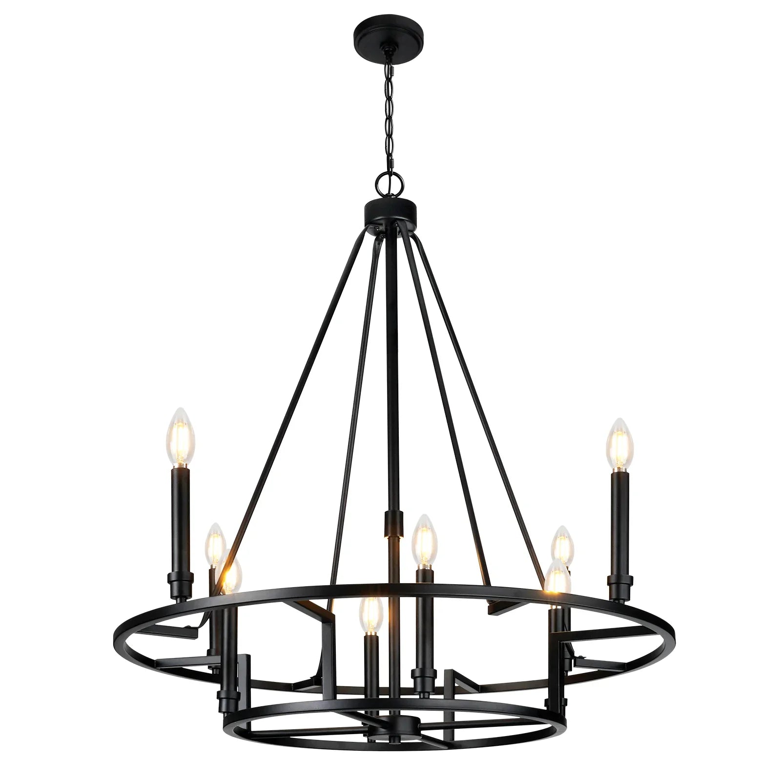 Matte Black Wheel Dimmable Chandelier 2Tier 8Lights Height Adjustable Wagon Wheel Lighting - okeli lights
