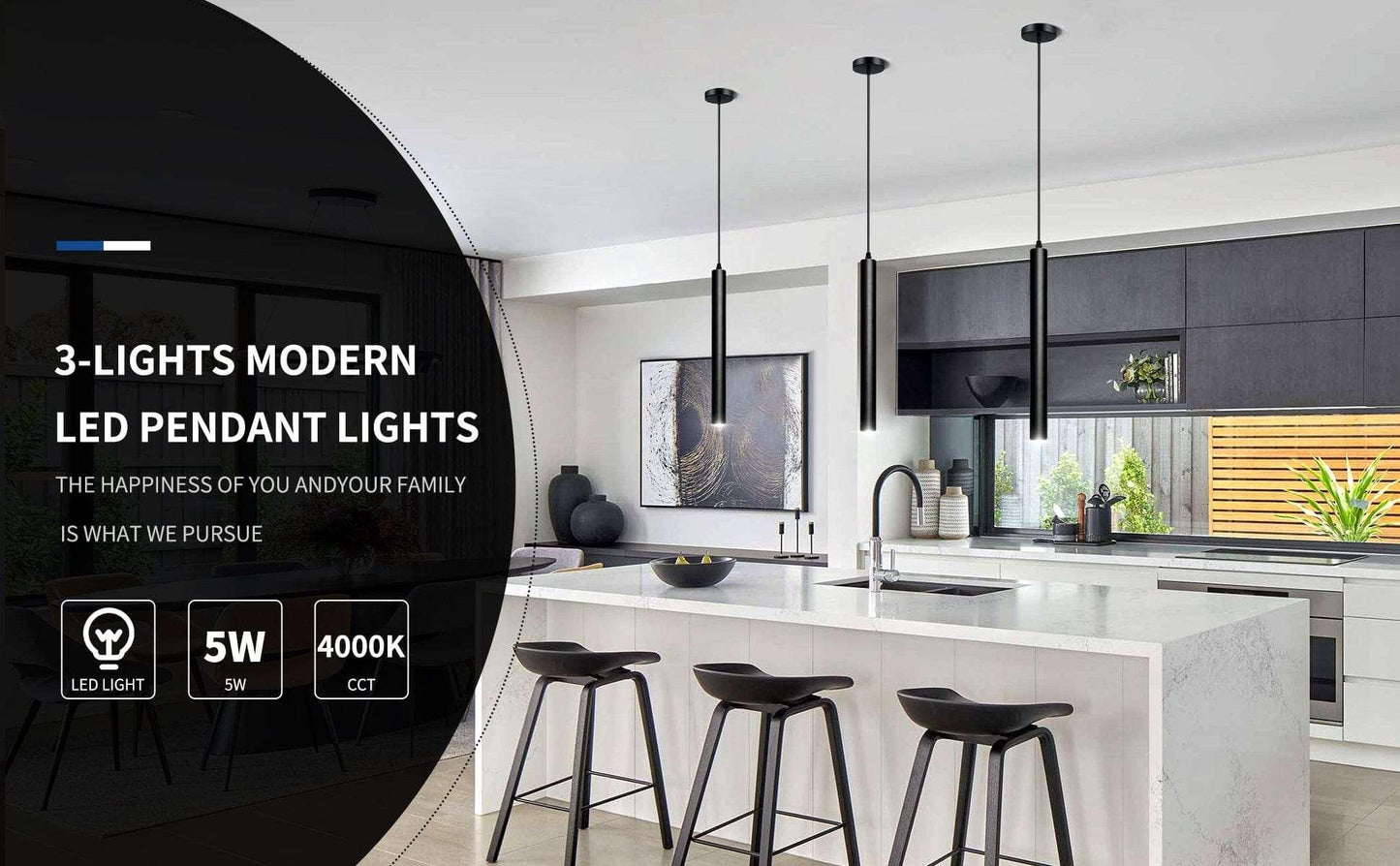 OKELI Pendant Lights Kitchen Island Modern Black Fixture LED Minimalist Strip 3Pack - okeli lights