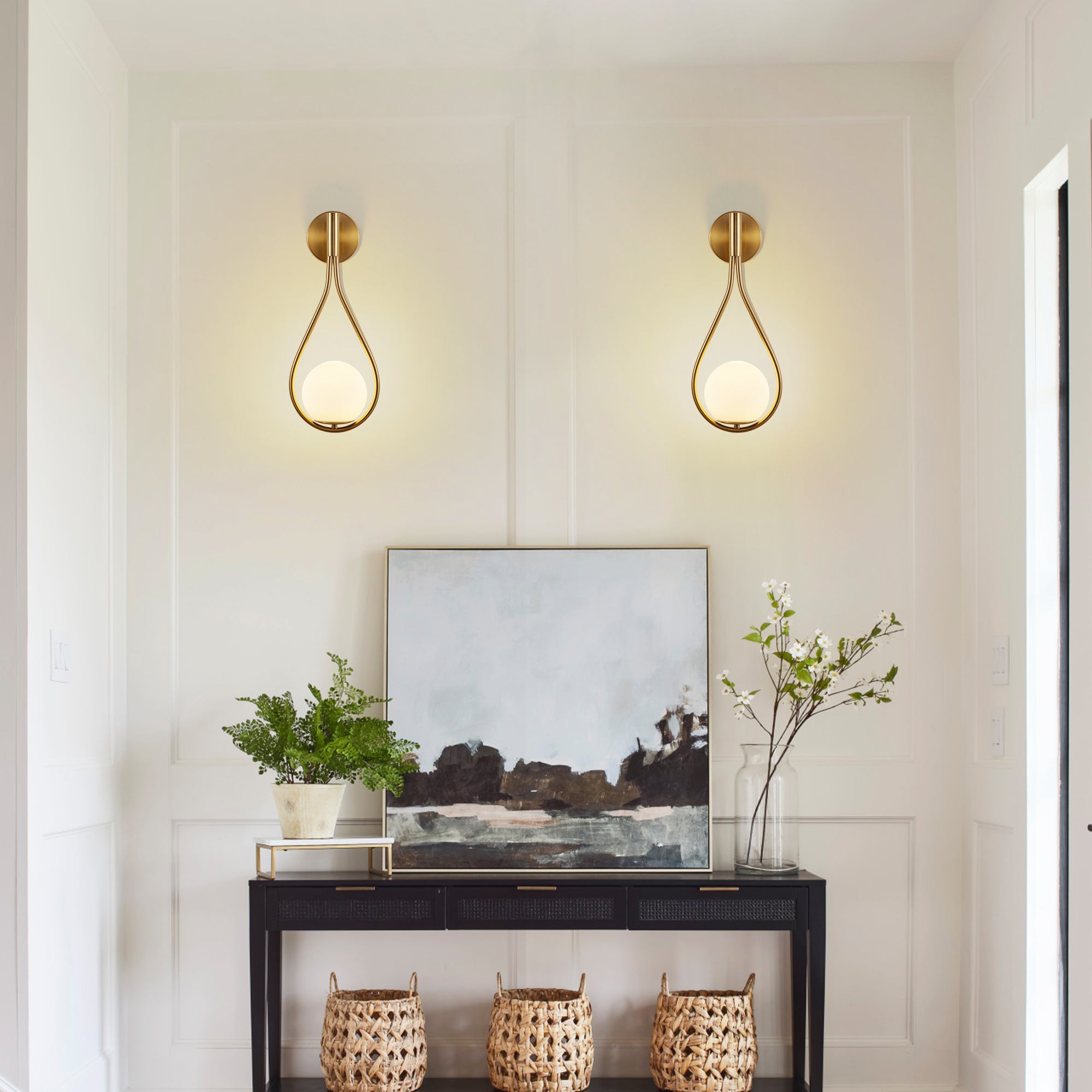 19" Set of 2 Modern Gold Wall Sconces with Opal Glass Globe, Mid-Century Design, Luxury Wall Lights