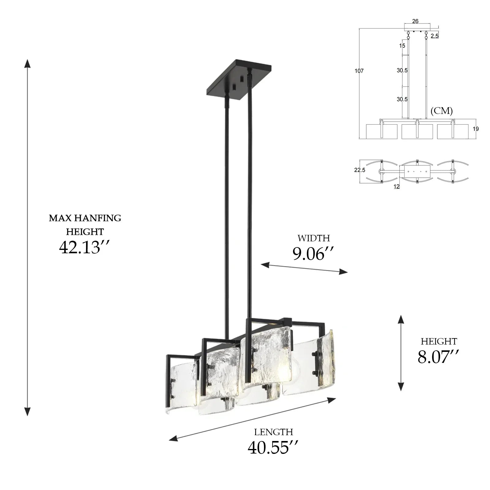 Chandelier with dimensions labeled on a white background