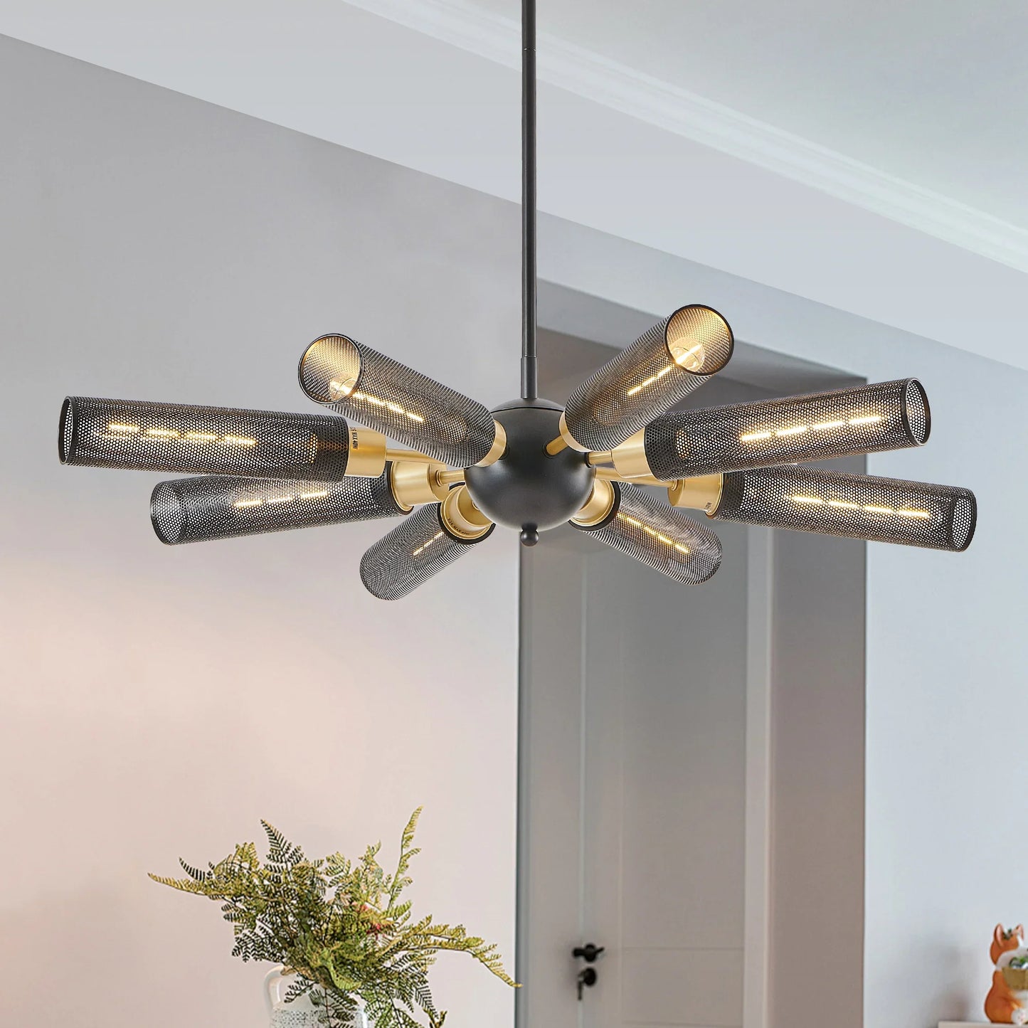 34" Modern Industrial Sputnik Chandelier, 8-Light Black and Gold Metal Pendant Light with Mesh Shades, E26 Base - okeli lights