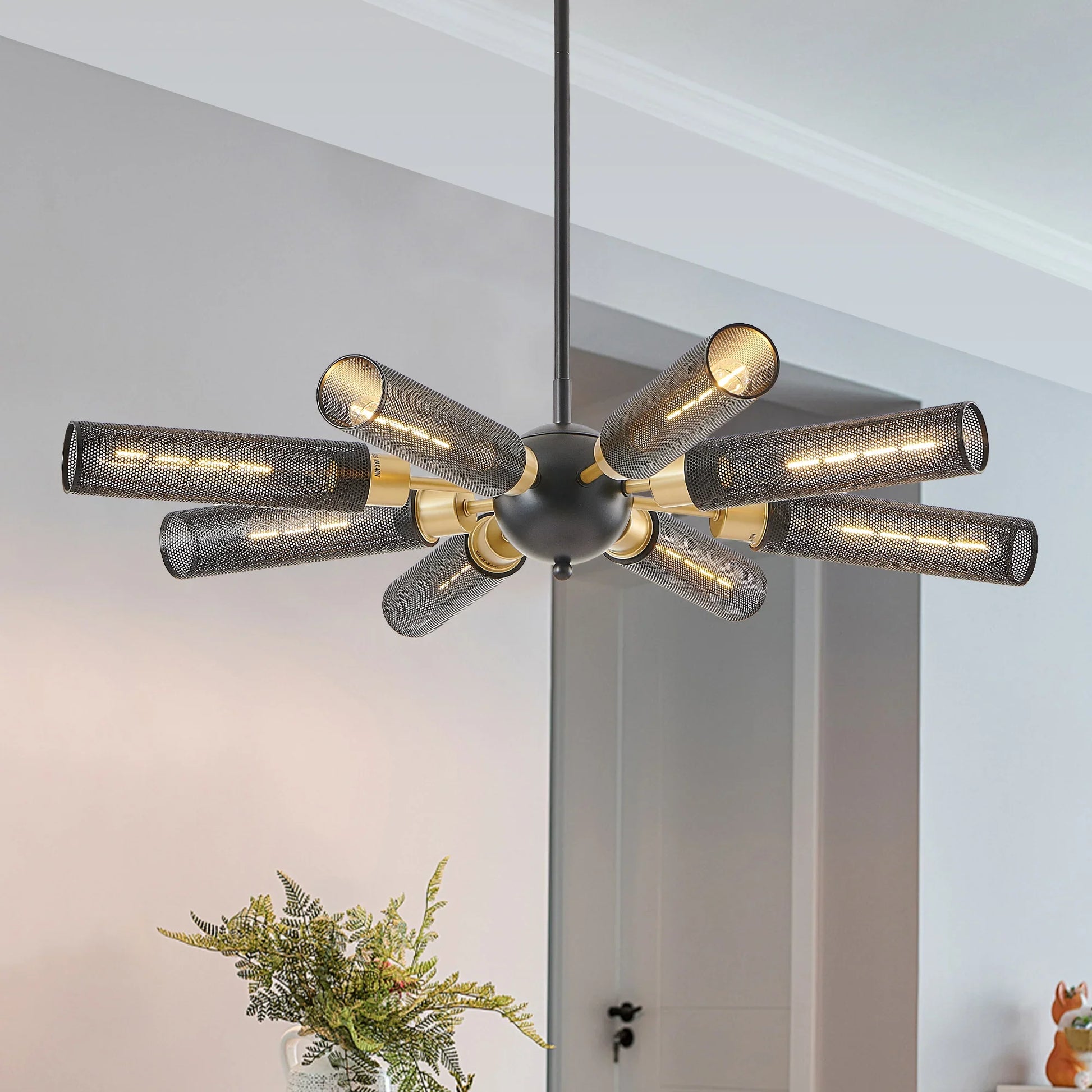 34" Modern Industrial Sputnik Chandelier, 8-Light Black and Gold Metal Pendant Light with Mesh Shades, E26 Base - okeli lights