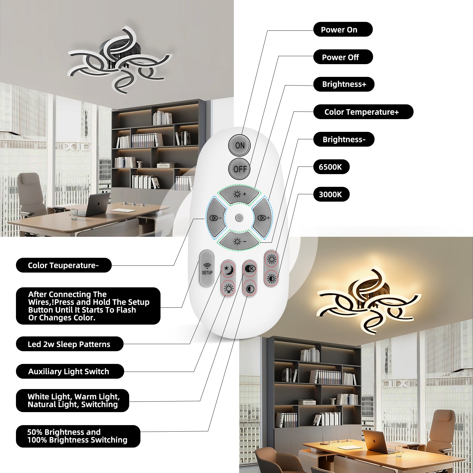 Modern LED Ceiling Light with Remote | 3 Color Dimmable Acrylic Ceiling Fixture
