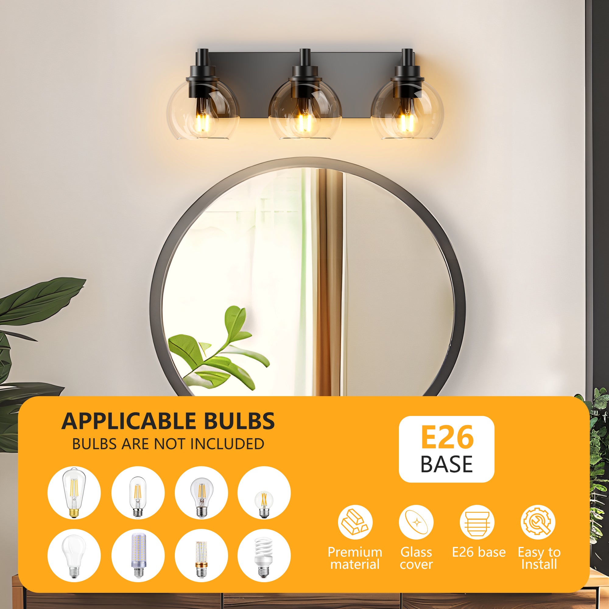 Bathroom Vanity Light Modern Lighting Over Mirror with Clear Glass Shade and Metal Base Matte Black Fixtures