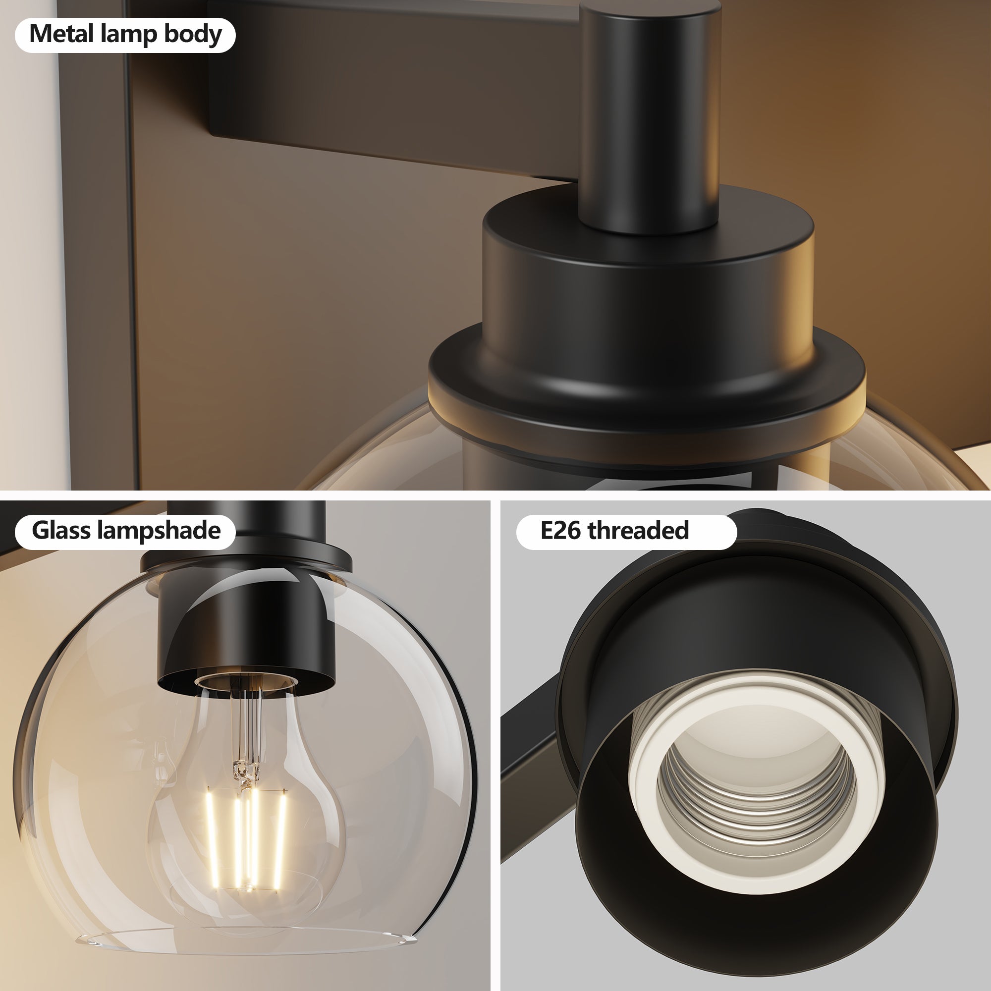 Bathroom Vanity Light Modern Lighting Over Mirror with Clear Glass Shade and Metal Base Matte Black Fixtures