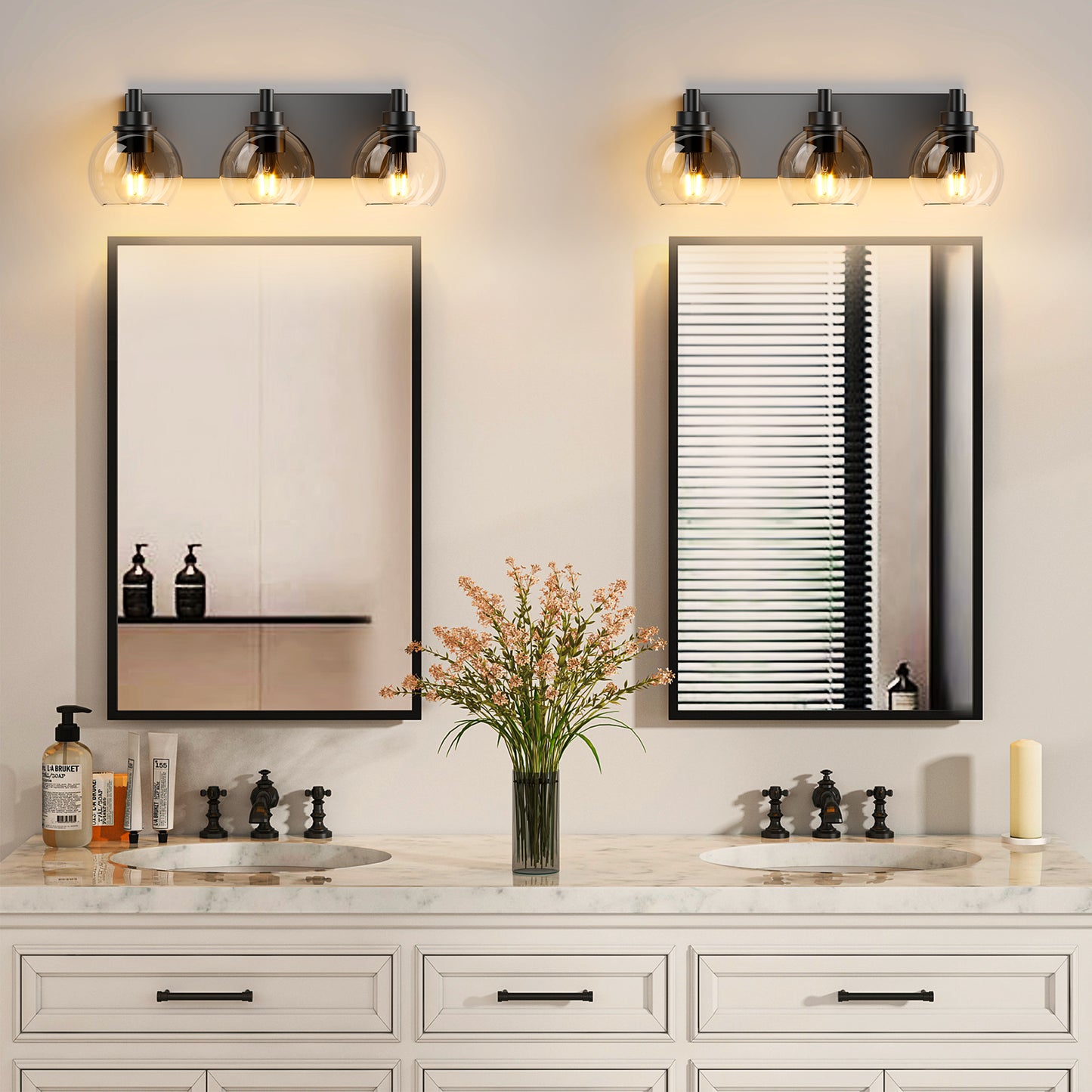 Bathroom Vanity Light Modern Lighting Over Mirror with Clear Glass Shade and Metal Base Matte Black Fixtures