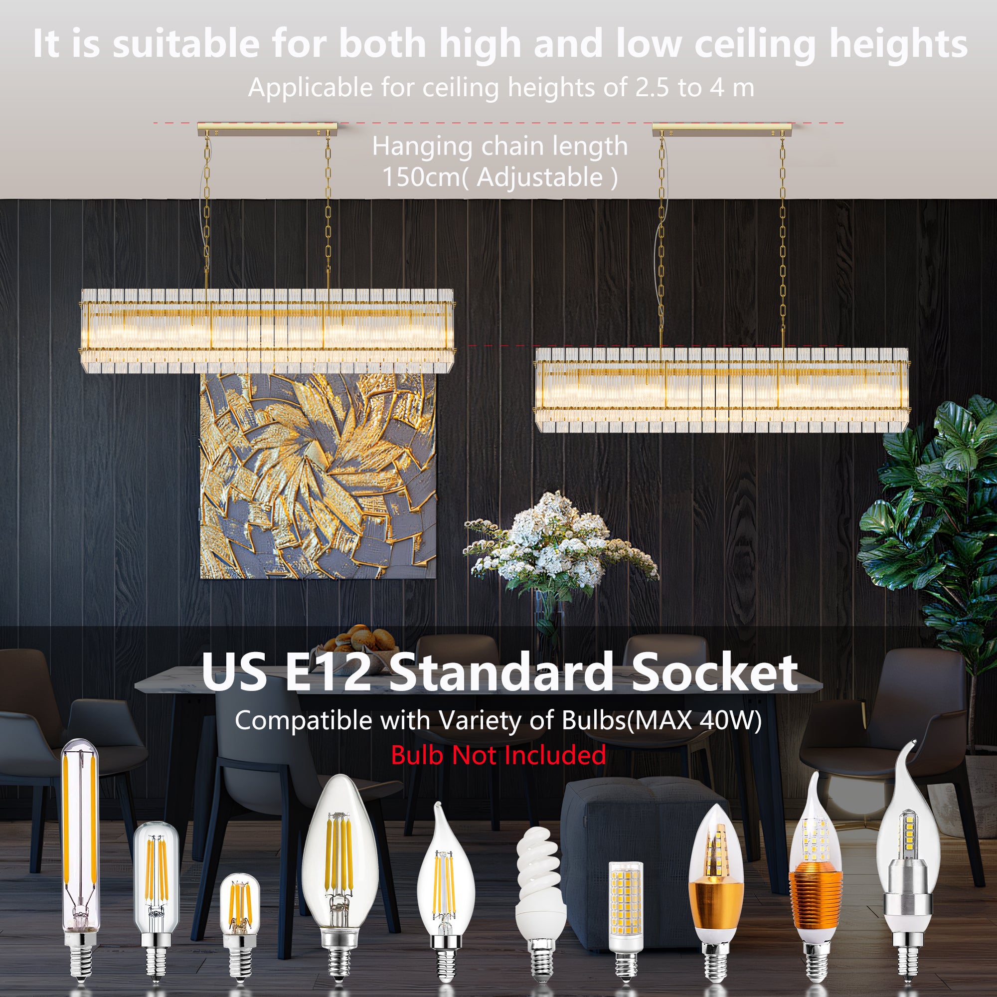 Modern Rectangular Crystal Glass Chandelier 10-Lights Contemporary Pendant Ceiling Lighting Fixture