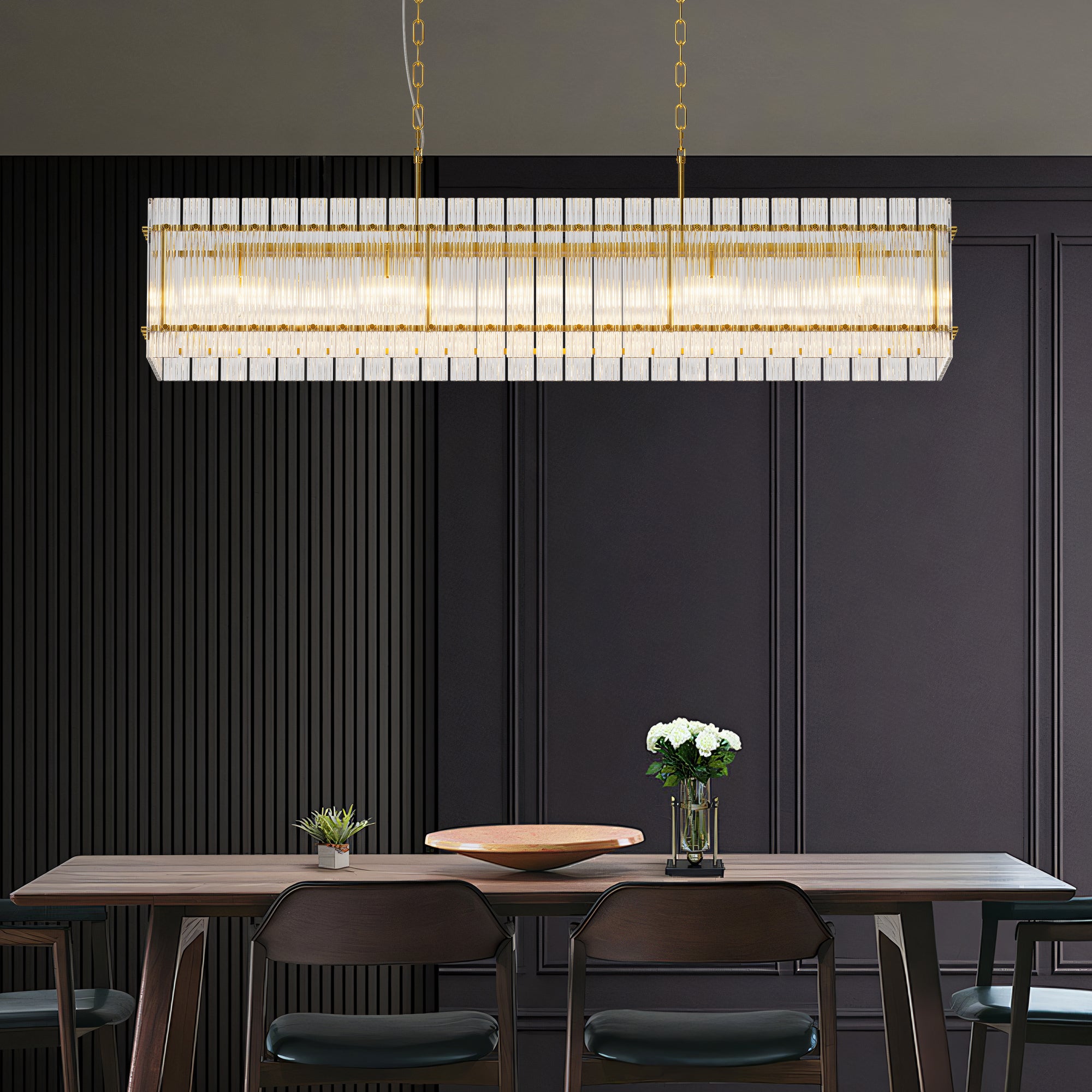 Modern Rectangular Crystal Glass Chandelier 10-Lights Contemporary Pendant Ceiling Lighting Fixture