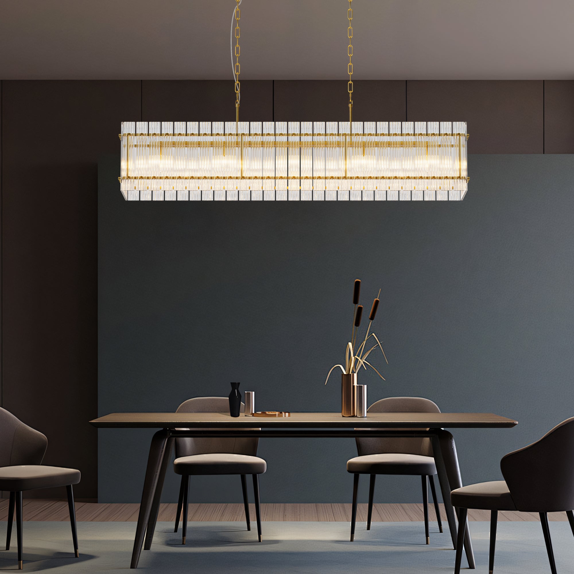 Modern Rectangular Crystal Glass Chandelier 10-Lights Contemporary Pendant Ceiling Lighting Fixture