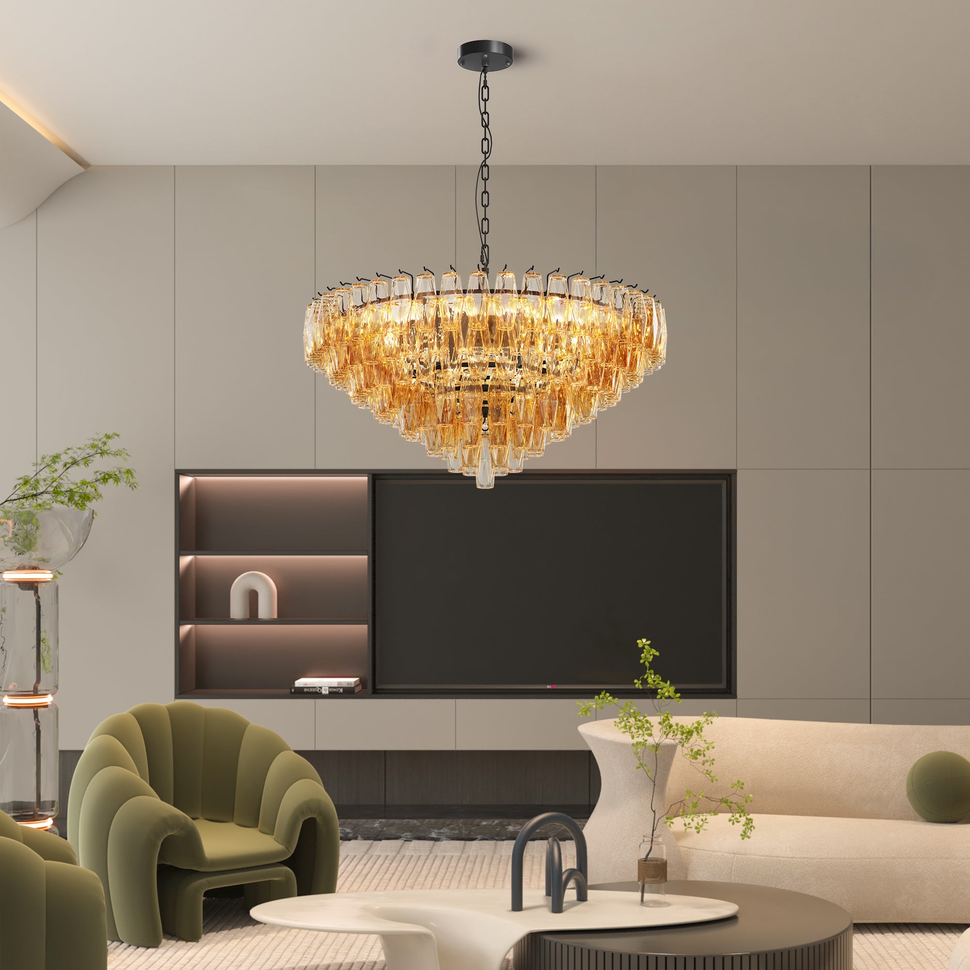Modern 37" Extra Large Chandeliers 14-Light with Tiered Smoke Glass Tubes Ceiling Light Round and Rectangular