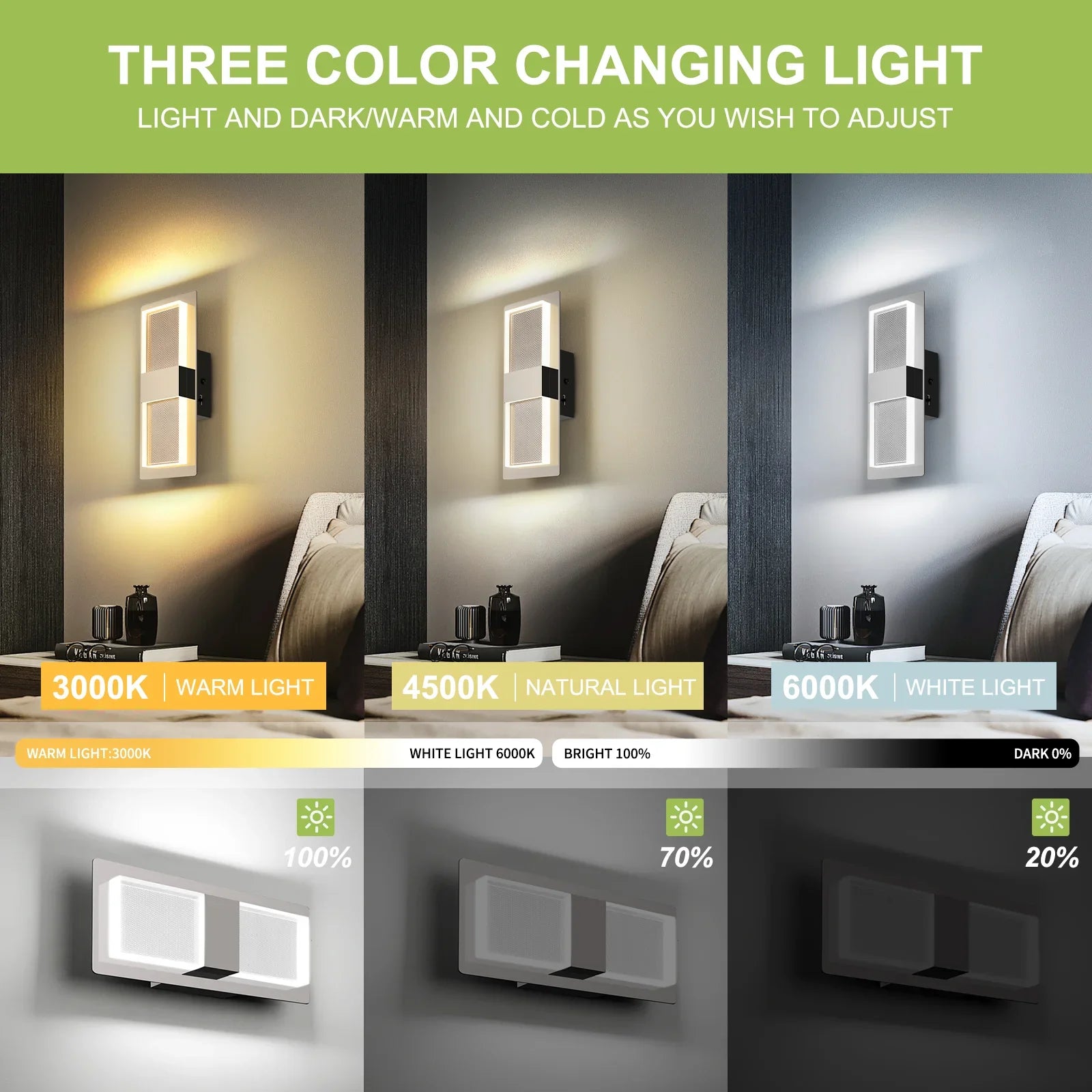 Modern Wall Sconce LED Indoor 3CCT Dimmable Wall Light Fixture Decor 2-pack - okeli lights