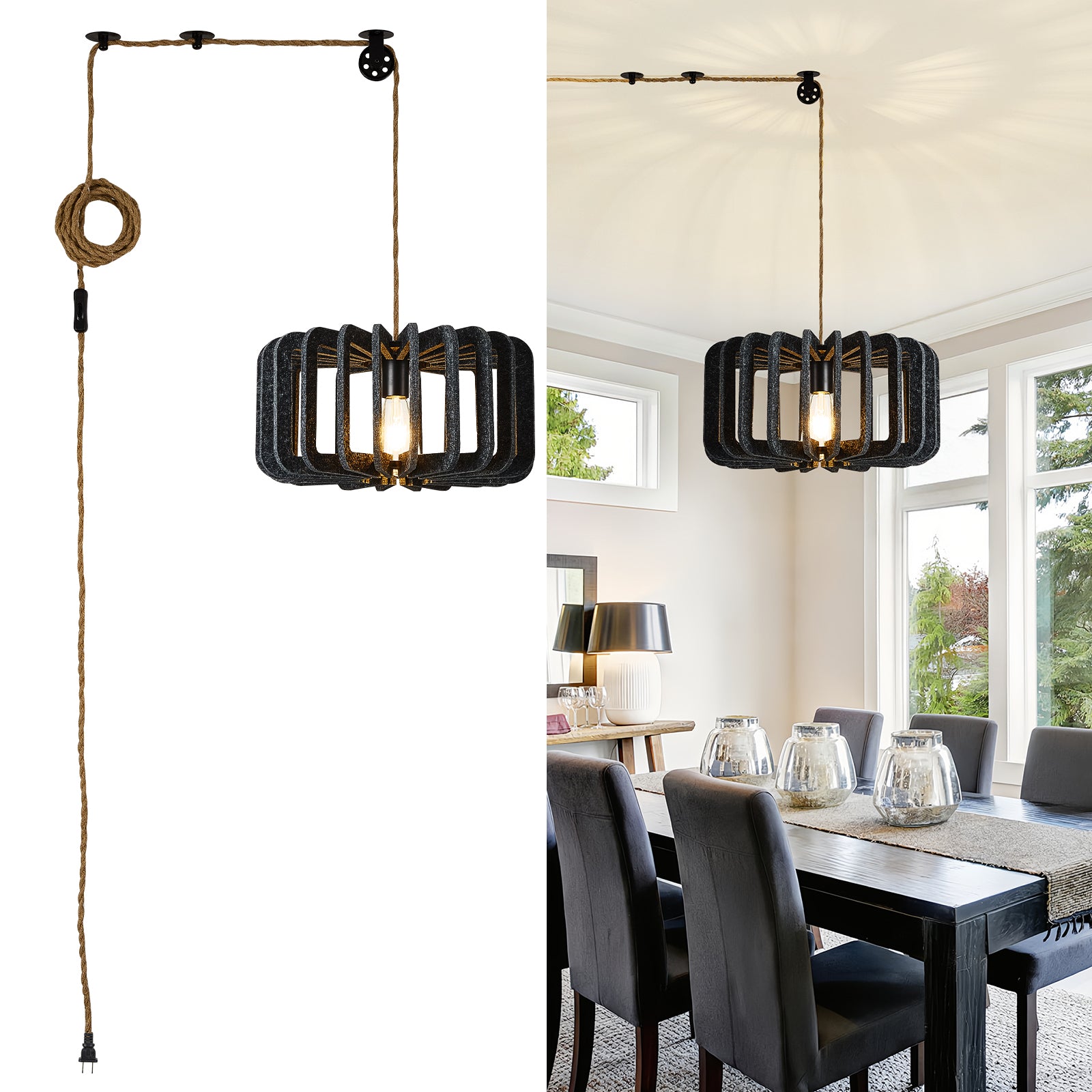 Modern Boho Pendant Lights DIY Hanging Lamp Shade with 59ft Adjustable Wire Chandelier for Reading Corner Restaurant Black / Plug in-Black