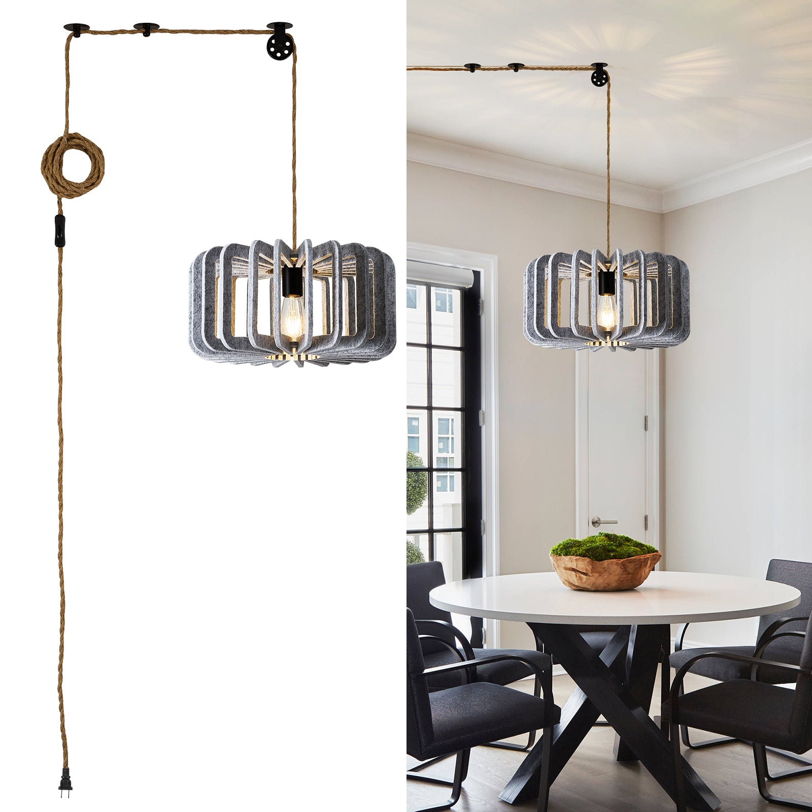 Modern Boho Pendant Lights DIY Hanging Lamp Shade with 59ft Adjustable Wire Chandelier for Reading Corner Restaurant Gray / Plug in-Gray