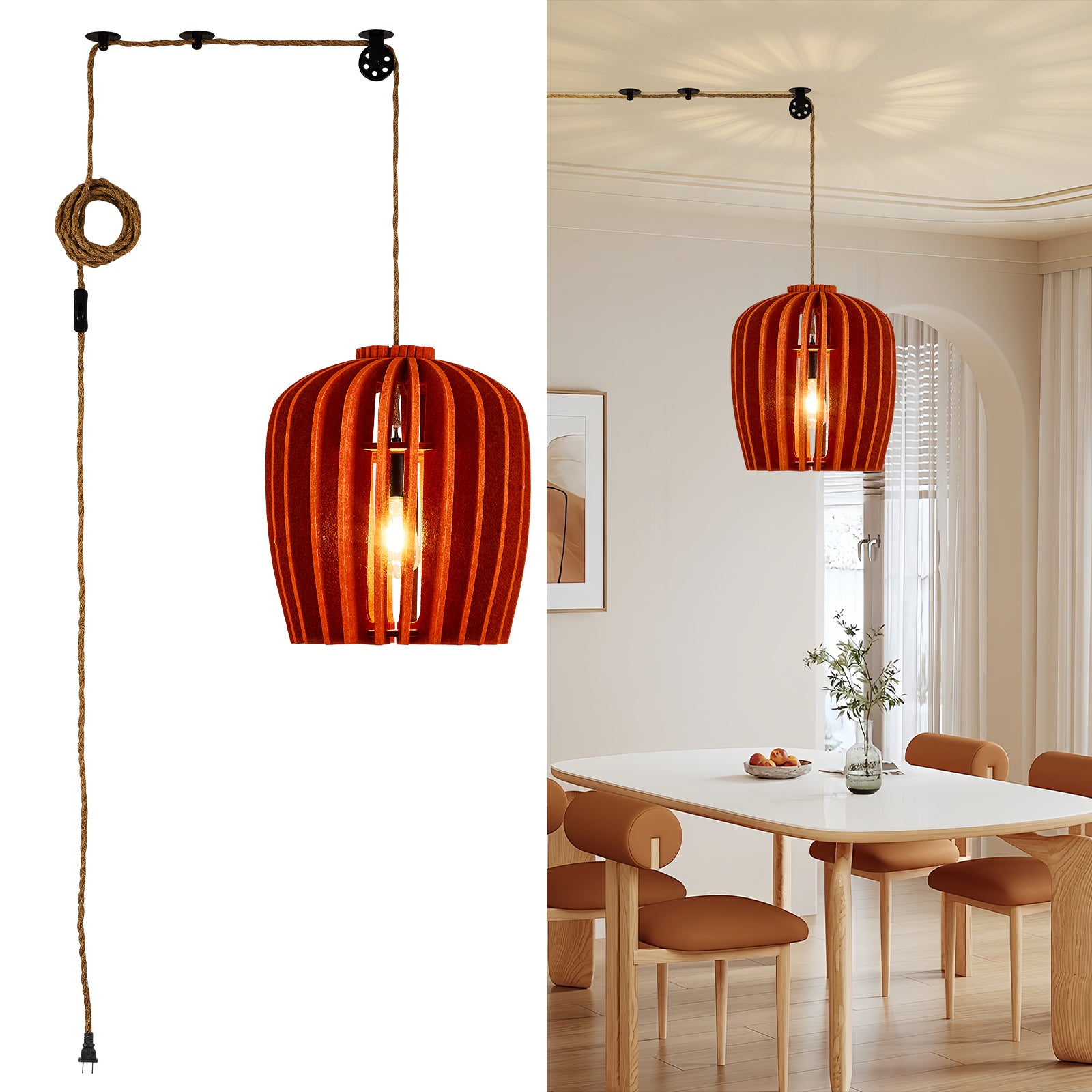 Modern Boho Pendant Lights DIY Hanging Lamp Shade with 59ft Adjustable Wire Chandelier for Reading Corner Restaurant Orange / Plug in-Orange