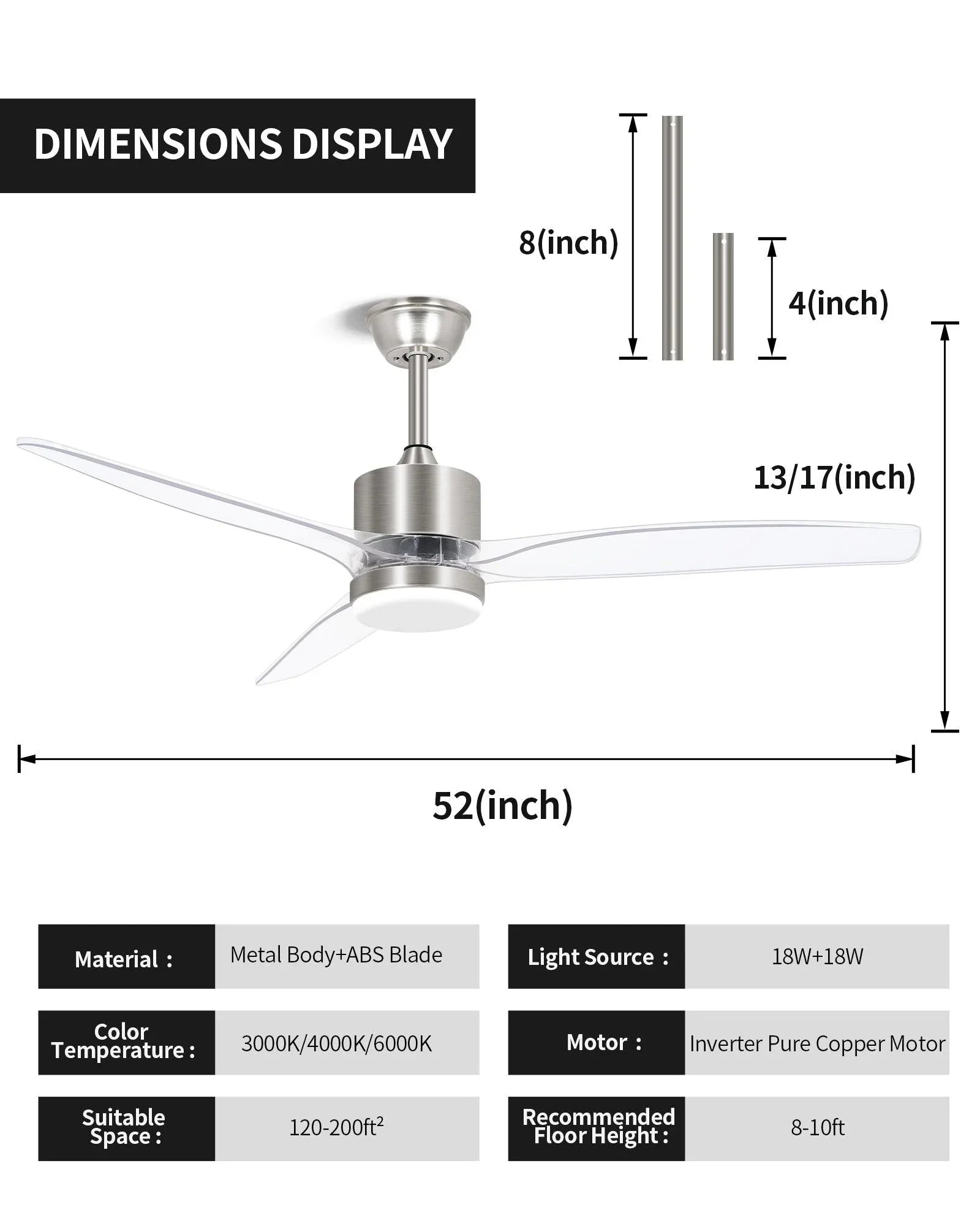 OKELI Clear Fan Blades Ceiling Fan with Light, 52 Inch Brushed Nickel Transparent Ceiling Fans 3 Reversible Blade - okeli lights