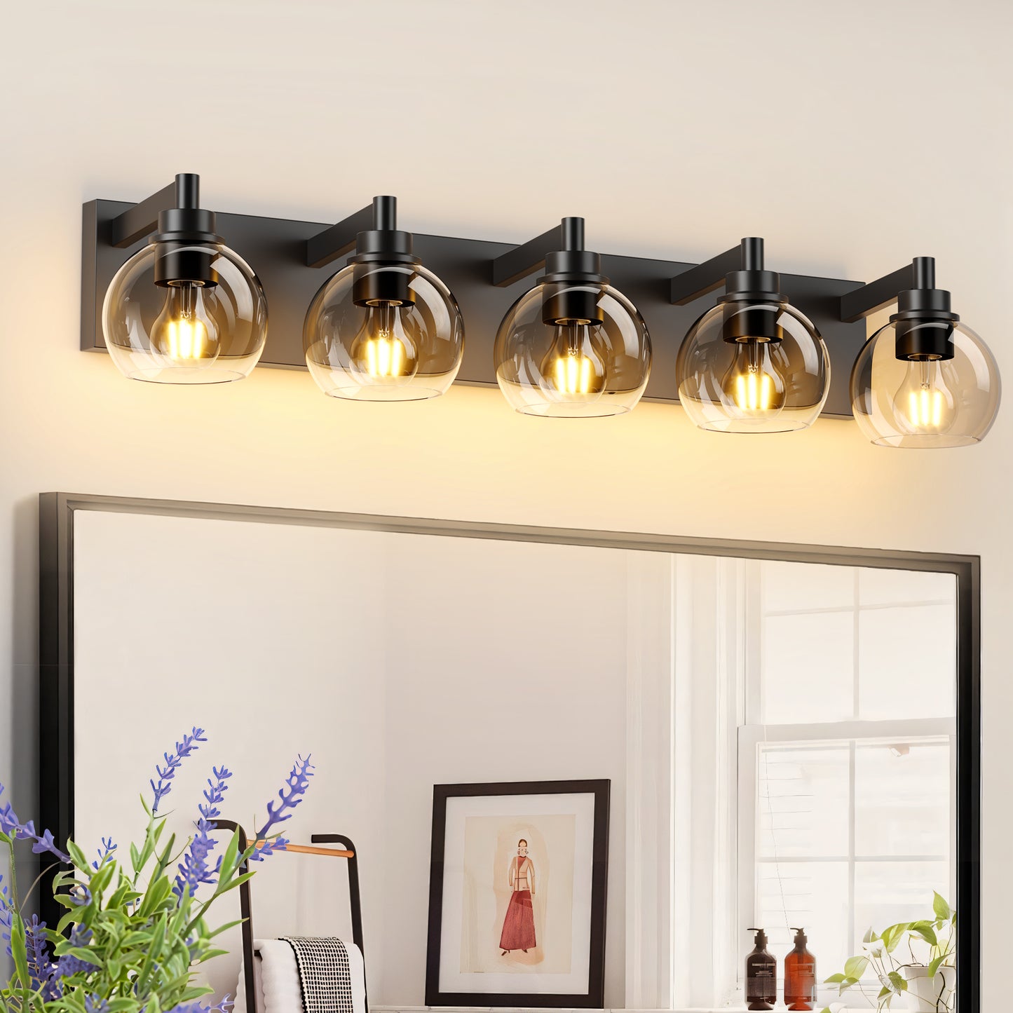 Bathroom Vanity Light Modern Lighting Over Mirror with Clear Glass Shade and Metal Base Matte Black Fixtures