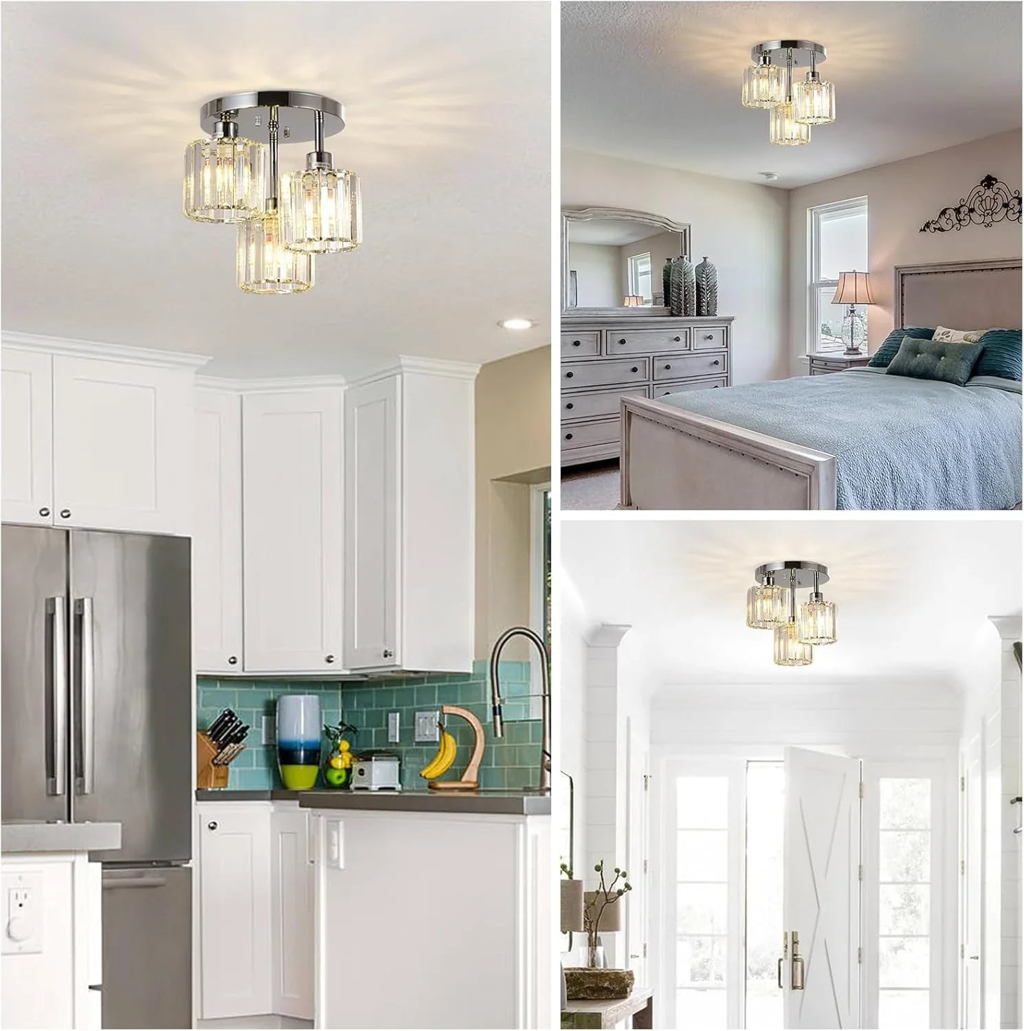 3-Light Kitchen Mount Hallway Light Fixtures Semi Flush Mount Ceiling with Clear Crystal Shades - okeli lights