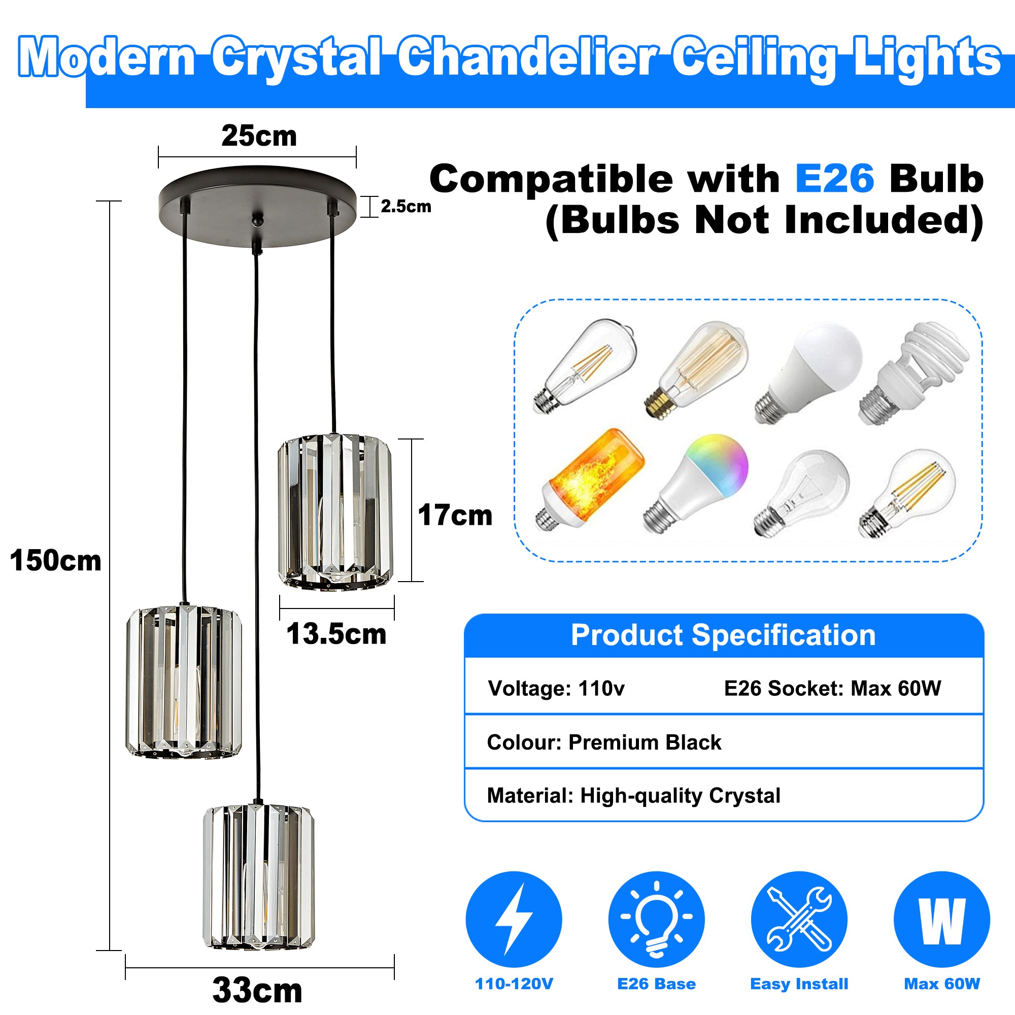 OKELI Modern Black Crystal Chandelier, 3/8-Light Long Crystal Pendant Light for High Ceilings Adjustable Hanging