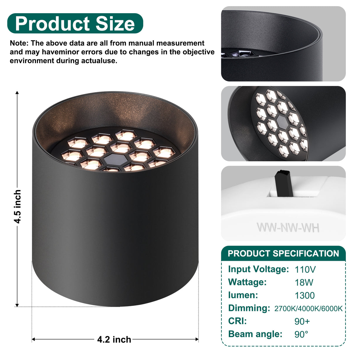OKELI Surface-mount Cylinder Lights with Honeycomb Louver LED Downlights 3CCT Dimmable 3Pack