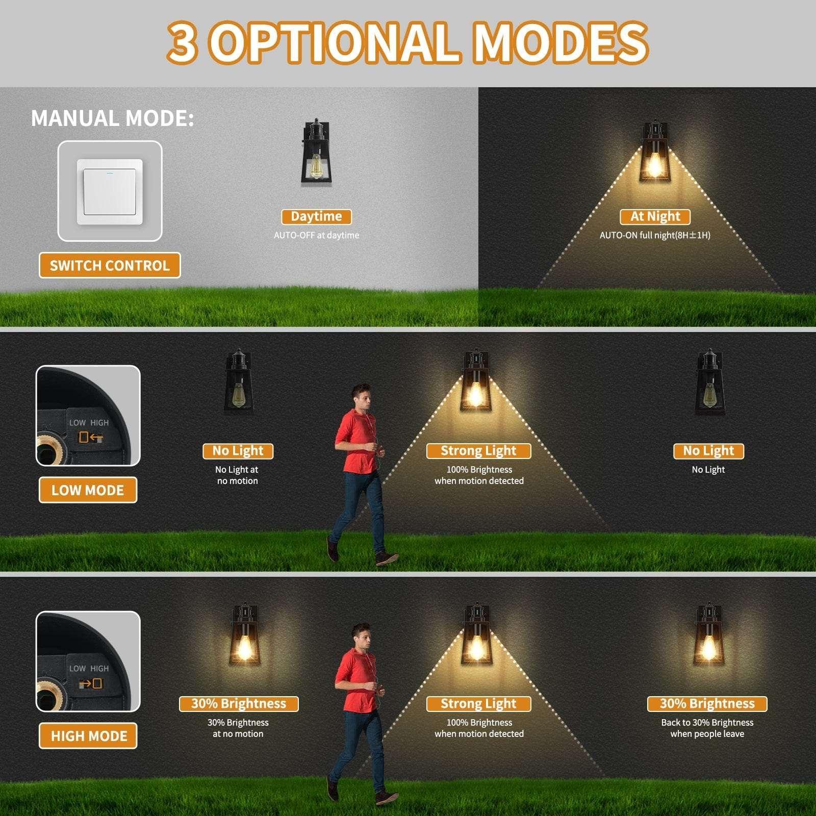 OKELI Porch Light with GFCI Outlet, Motion Sensor Dusk to Dawn Outdoor Wall Lights, 3 Lighting Modes - okeli lights