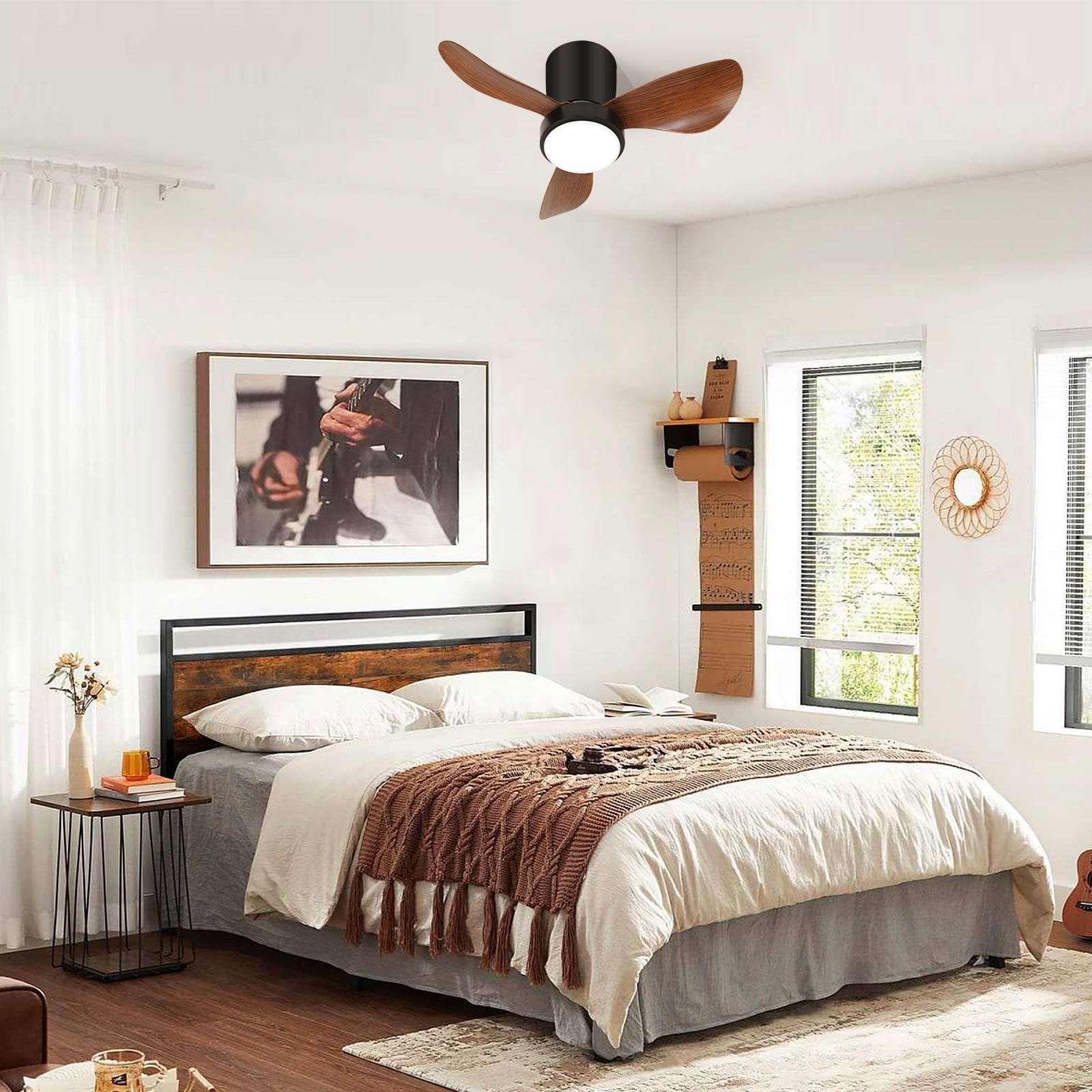Small Ceiling Fan with Light and Remote Control LED Flush Mount, Wood Grain - okeli lights