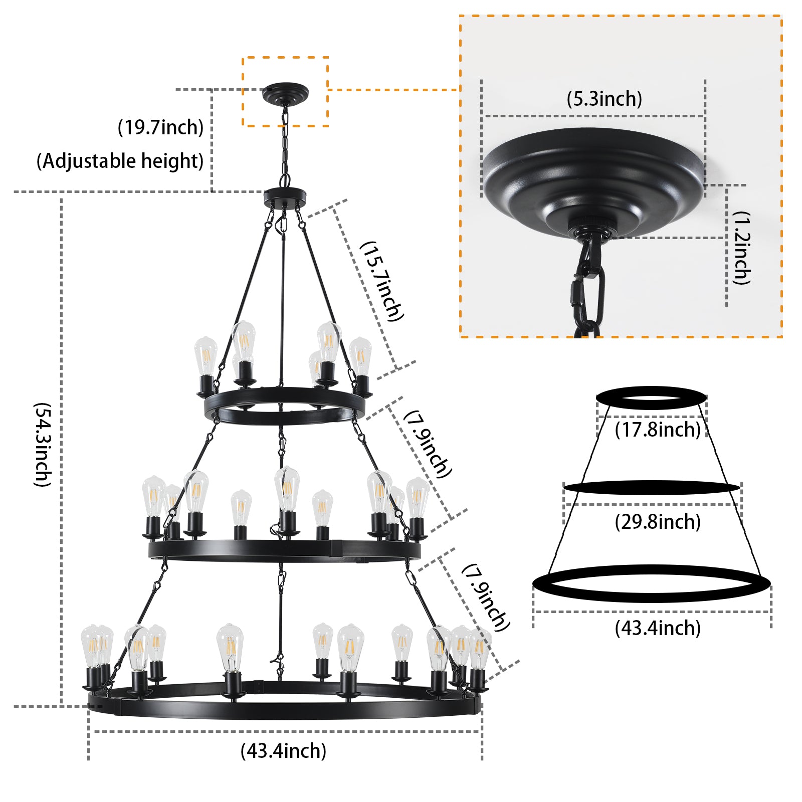45" Retro Industrial Style 3-Layer Chandelier 27-Lights Black Farmhouse Pendant