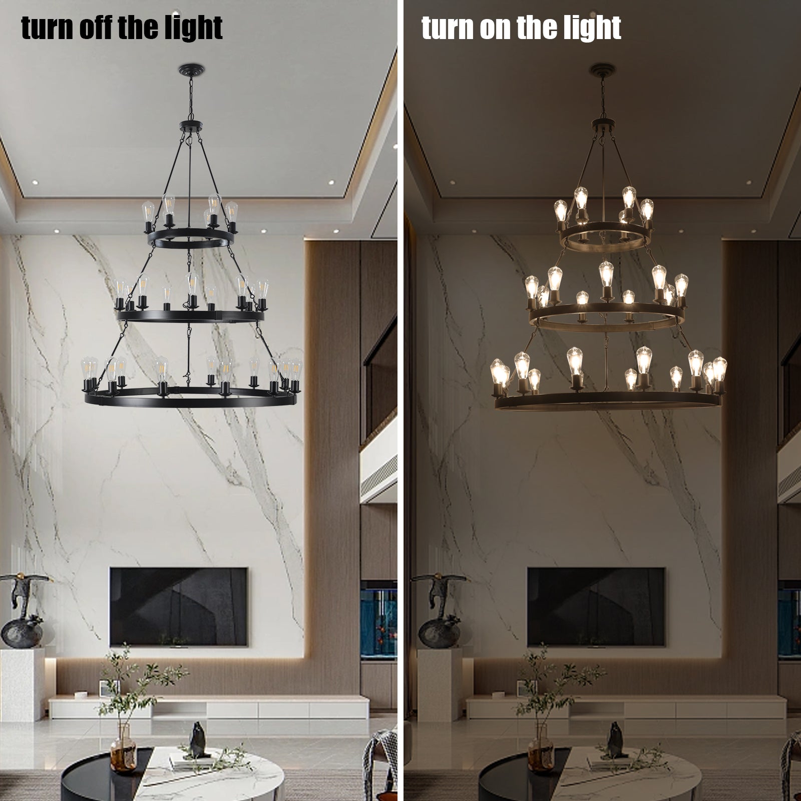 45" Retro Industrial Style 3-Layer Chandelier 27-Lights Black Farmhouse Pendant
