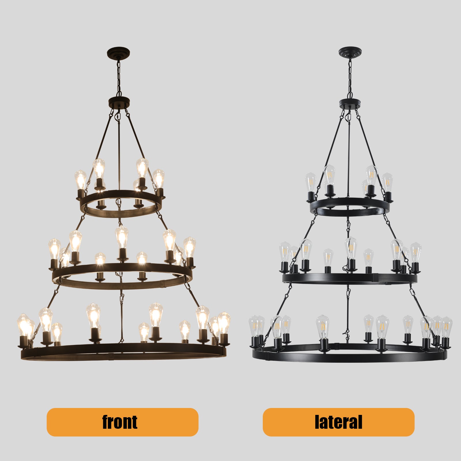 45" Retro Industrial Style 3-Layer Chandelier 27-Lights Black Farmhouse Pendant