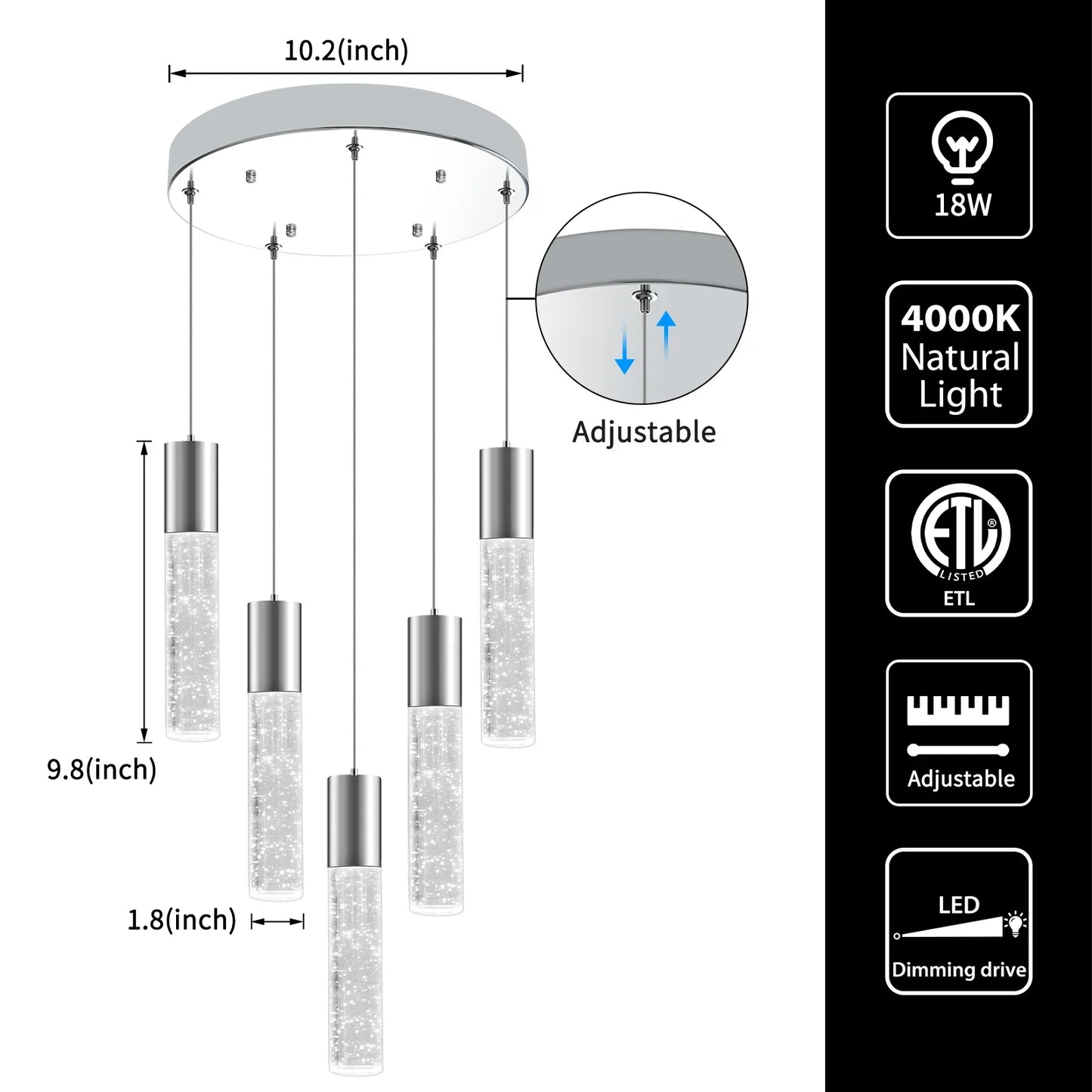 Bubble Crystal Island Pendant Light Round 5-Light Fixture Adjustable - okeli lights