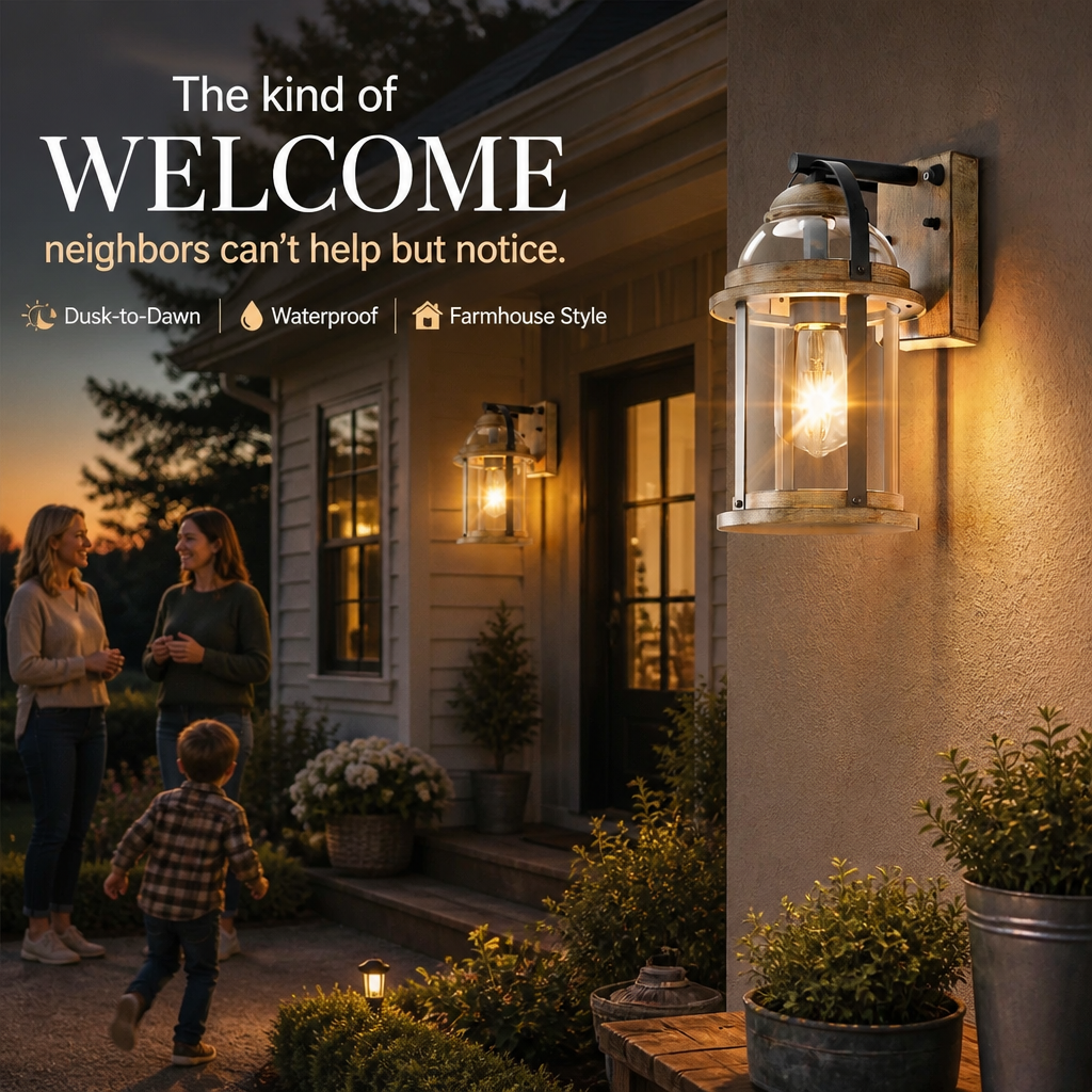 Rustic Farmhouse Exterior Wall Lantern, Dusk-to-Dawn Outdoor Wall Light with Glass Shades, Waterproof, Wood Grain, Black/Gold & Brown, 1-Pack & 2-Pack