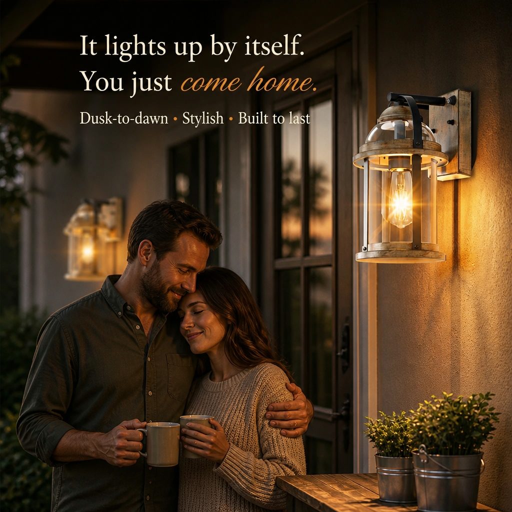 Rustic Farmhouse Exterior Wall Lantern, Dusk-to-Dawn Outdoor Wall Light with Glass Shades, Waterproof, Wood Grain, Black/Gold & Brown, 1-Pack & 2-Pack