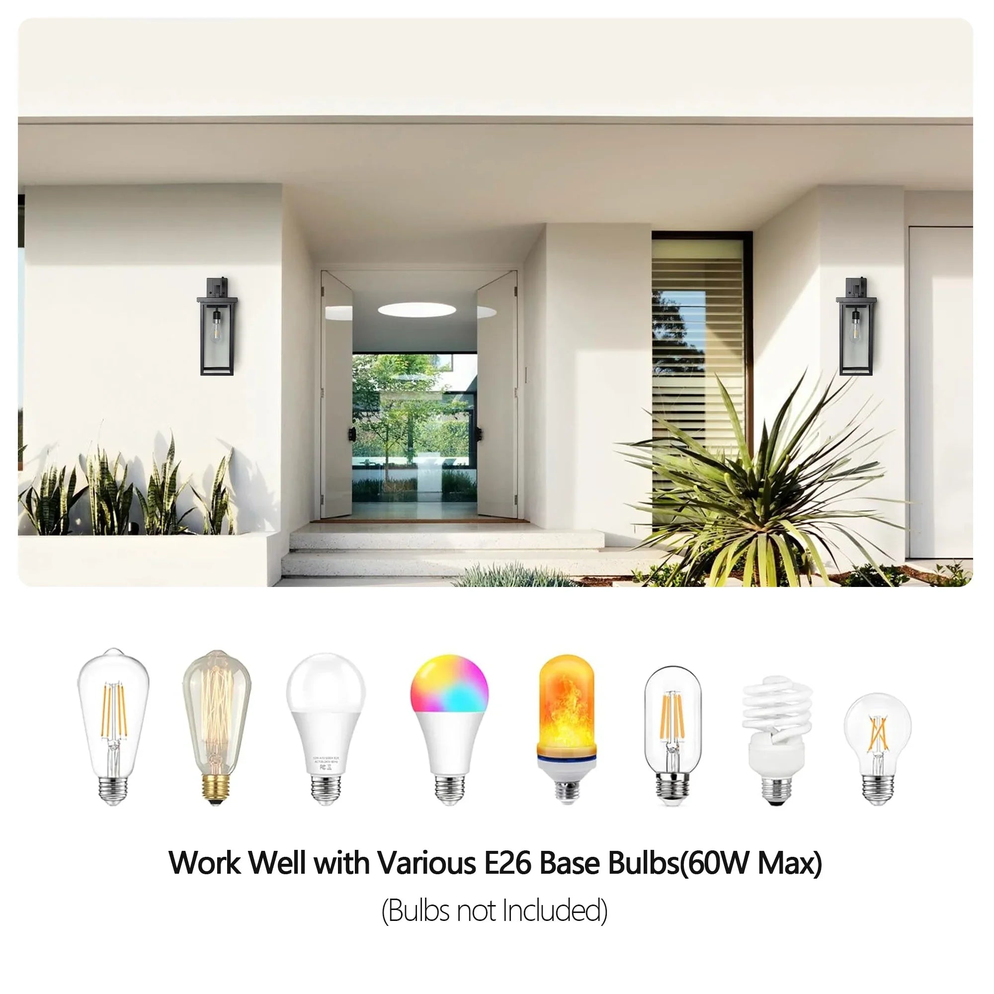 Outdoor Wall Lanterns Black Metal Frame Clear Glass Ambient Light Sensors Weatherproof Wall Sconces 2Pack - okeli lights