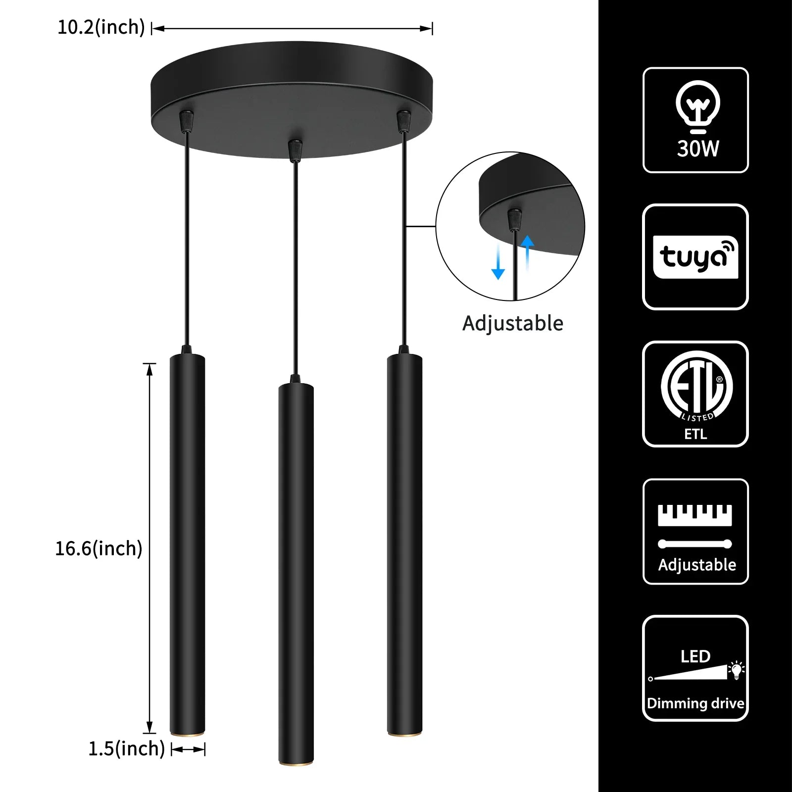 Smart Dimmable LED Round 3-Light Pendant Light with TUYA App & Voice Control - okeli lights