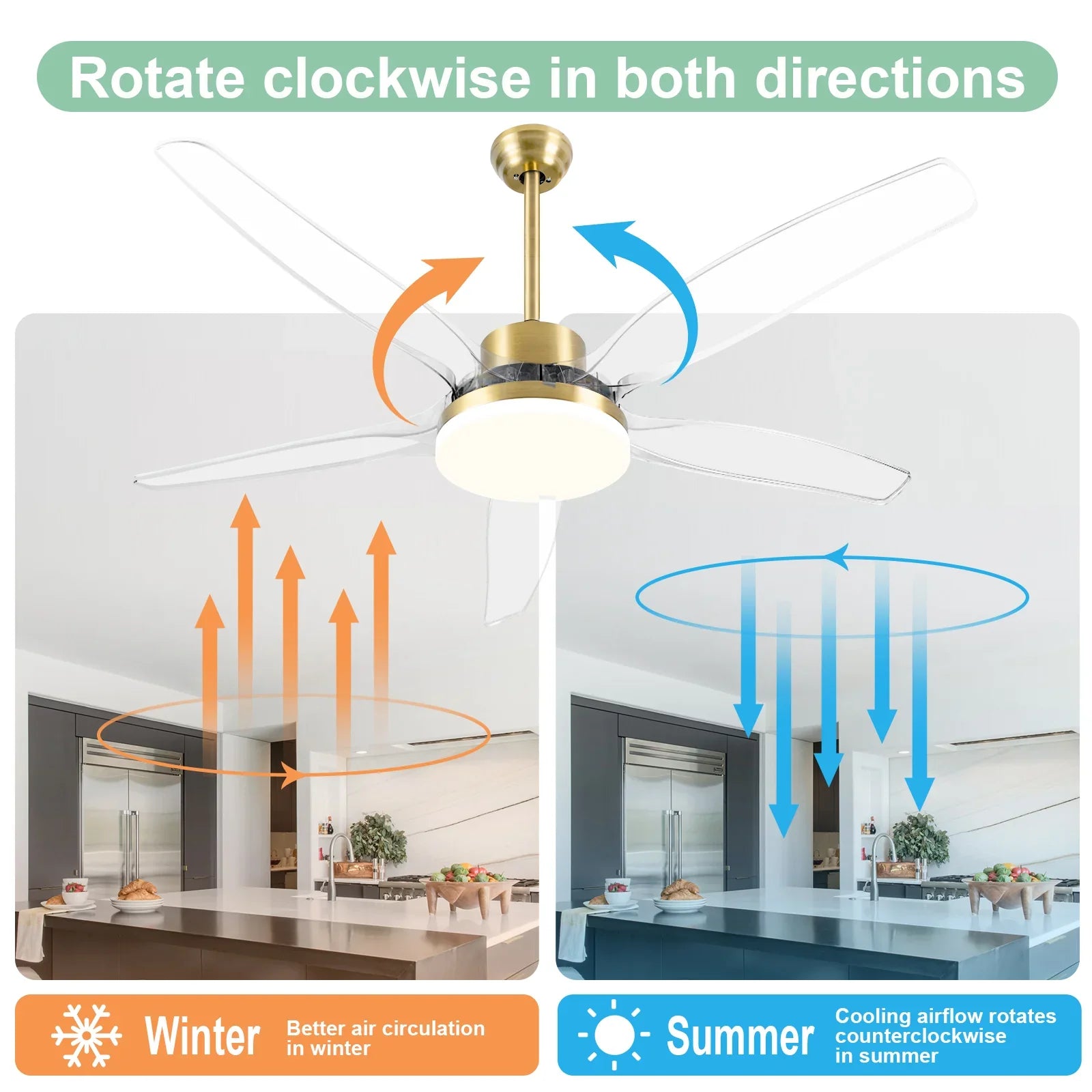 Smart Ceiling Fan with Light Modern Clear Blades Gold Reversible Dimmable LED - okeli lights