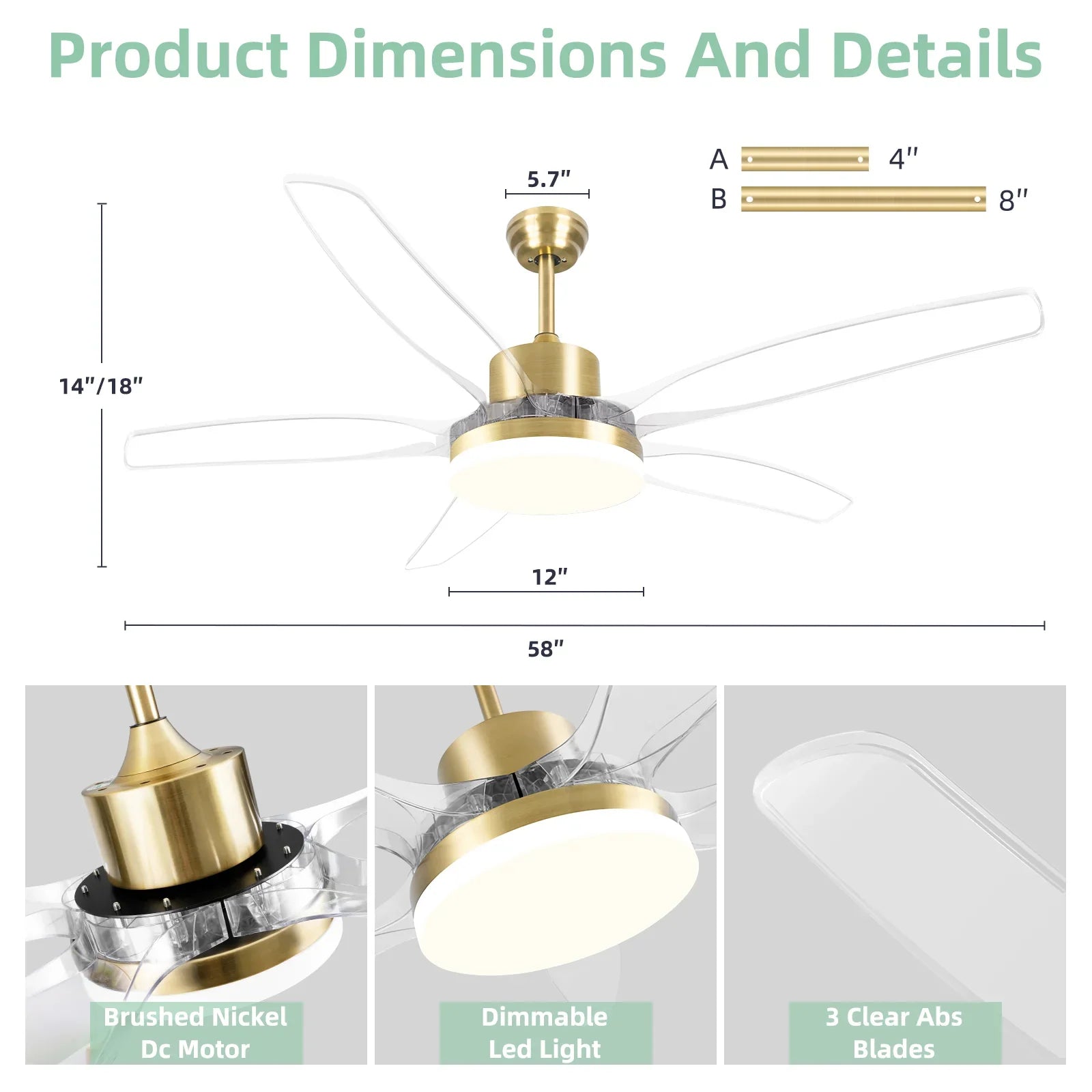 Smart Ceiling Fan with Light Modern Clear Blades Gold Reversible Dimmable LED - okeli lights