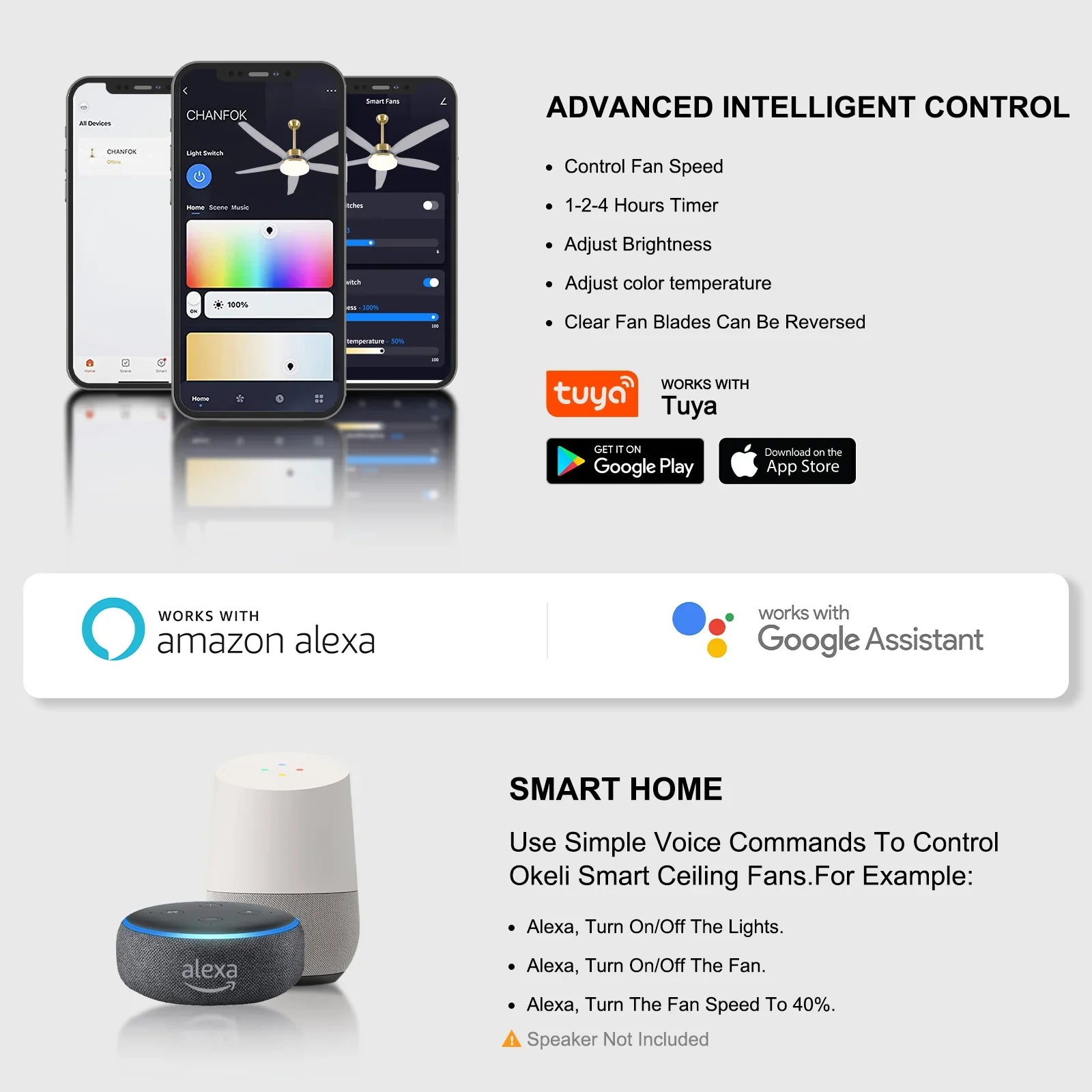 Smart Ceiling Fan with Light Modern Clear Blades Gold Reversible Dimmable LED - okeli lights