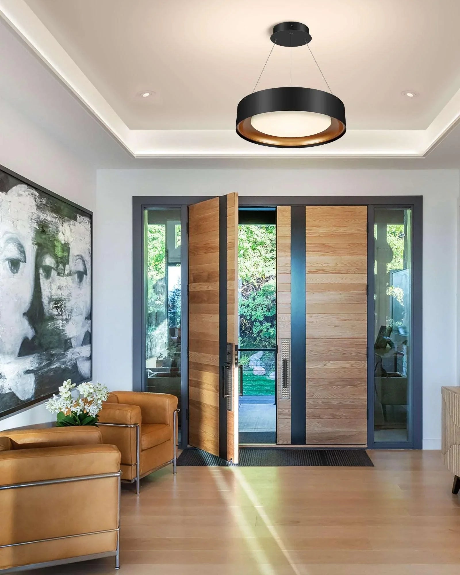 Drum Chandelier Round Black and Gold Dimmable Hanging Lights, ETL Listed - okeli lights