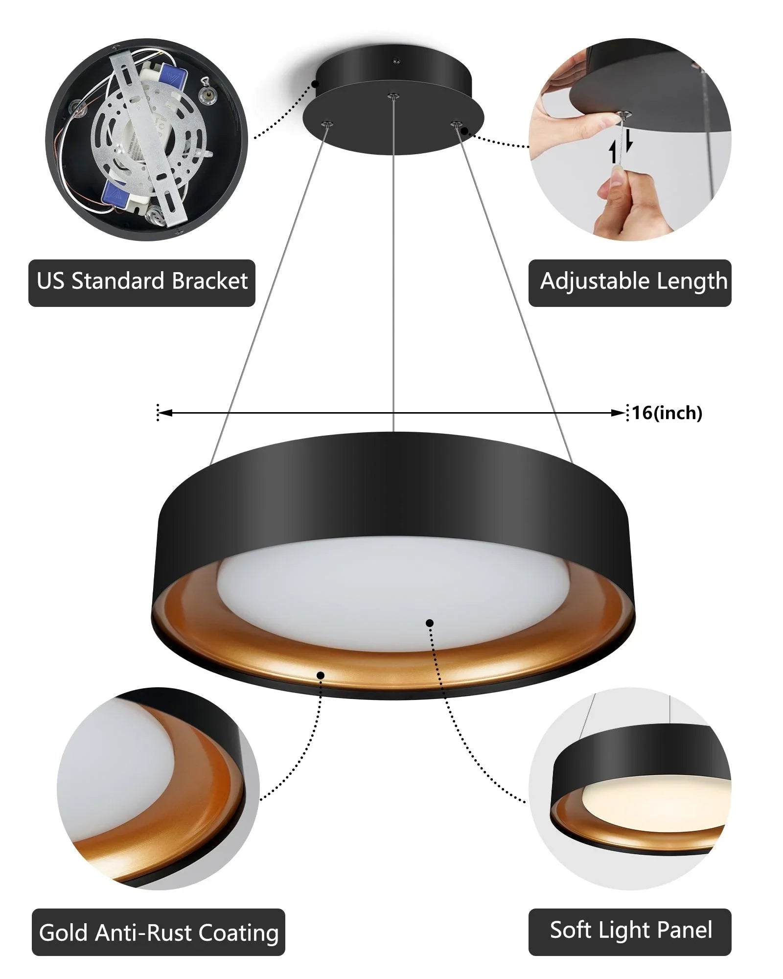 Drum Chandelier Round Black and Gold Dimmable Hanging Lights, ETL Listed - okeli lights
