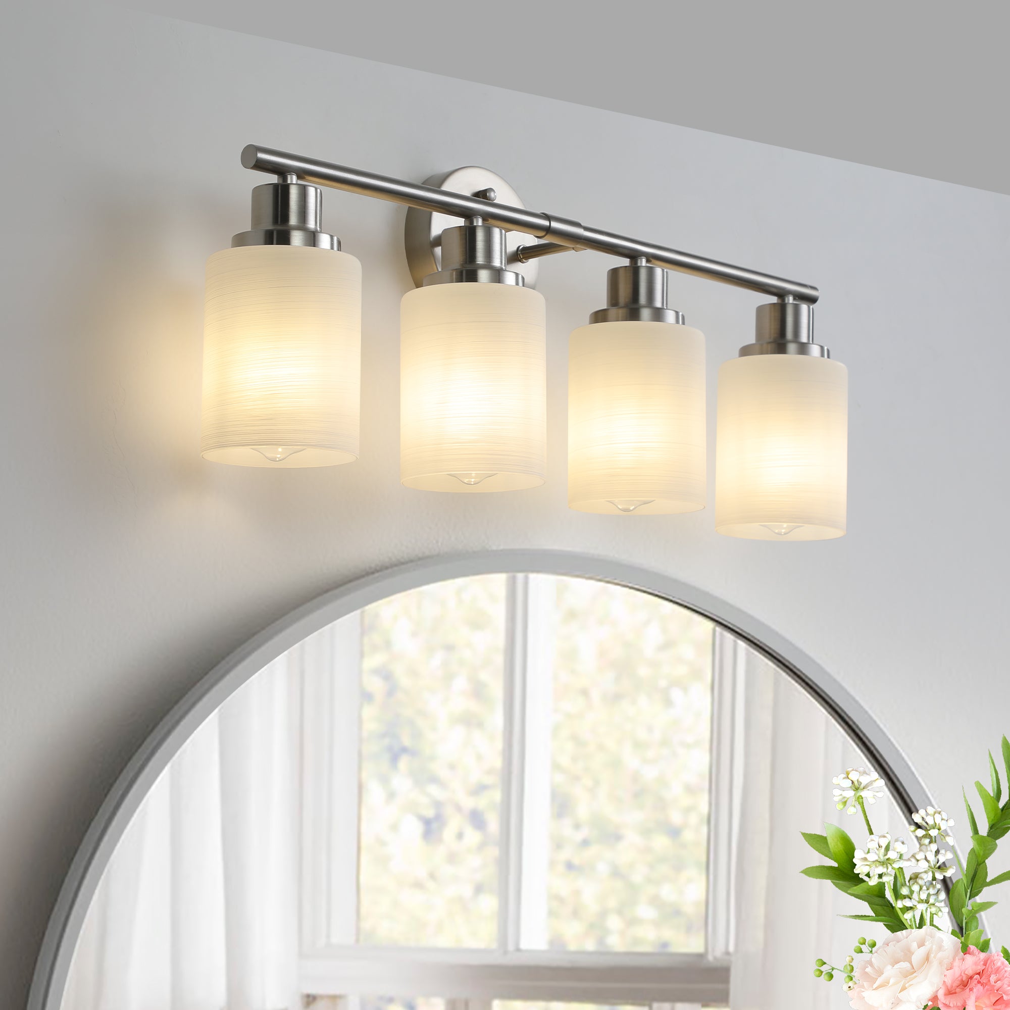 Vanity Wall Sconce Frosted Glass Shades for Bathroom or Hallway Lighting 4-5-6-8Light Brushed Nickel / 4-lights