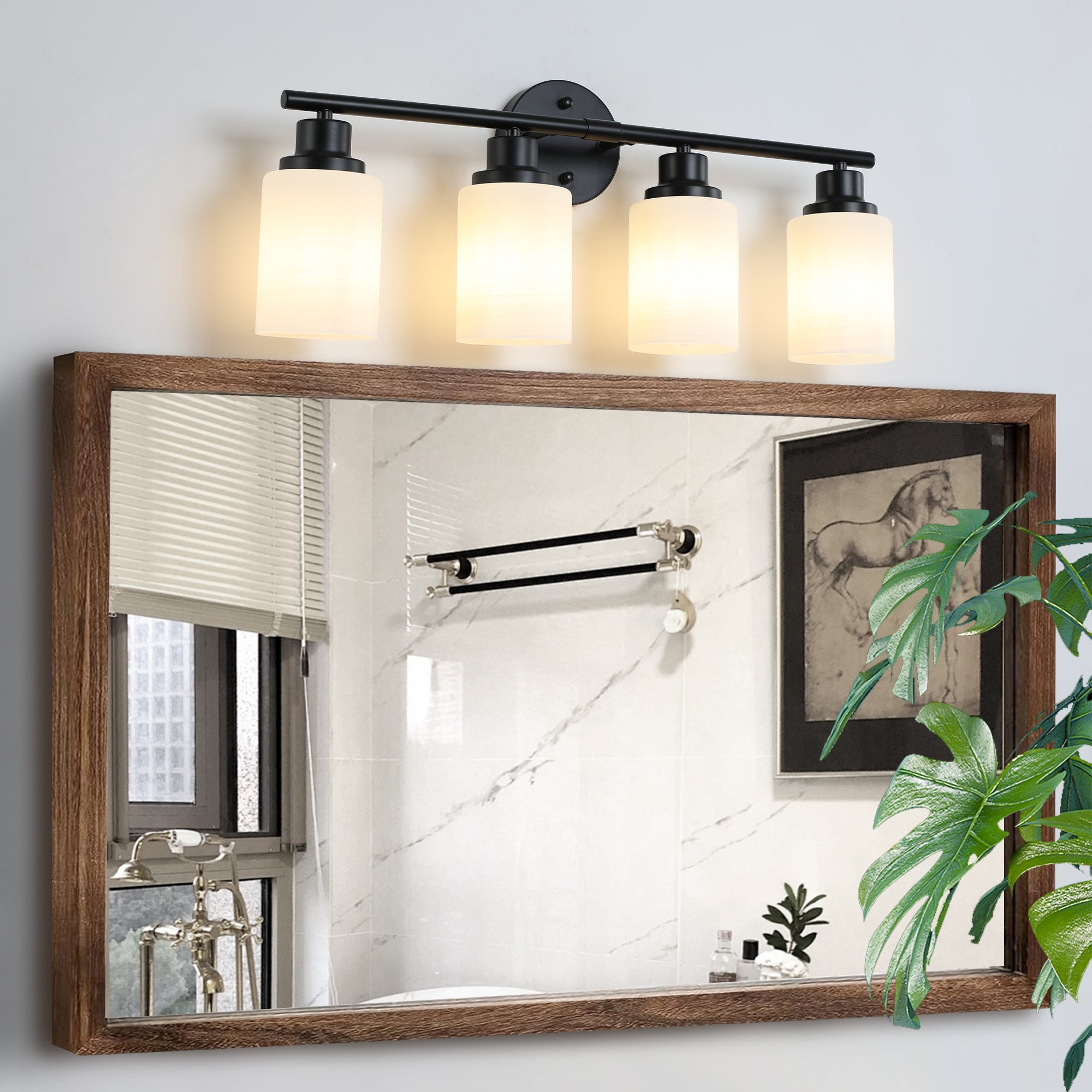 Vanity Wall Sconce Frosted Glass Shades for Bathroom or Hallway Lighting 4-5-6-8Light Black / 4-lights
