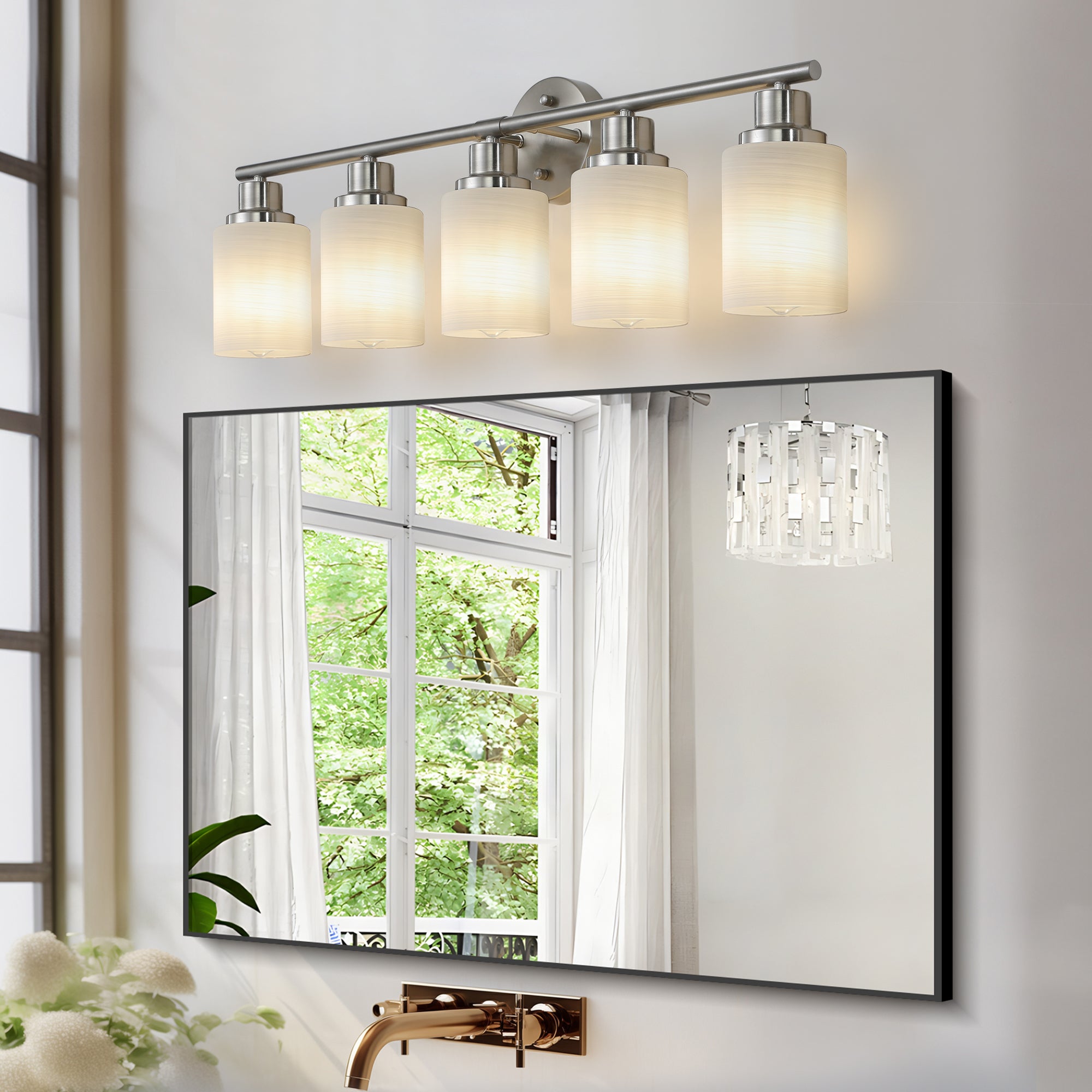 Vanity Wall Sconce Frosted Glass Shades for Bathroom or Hallway Lighting 4-5-6-8Light Brushed Nickel / 5-lights
