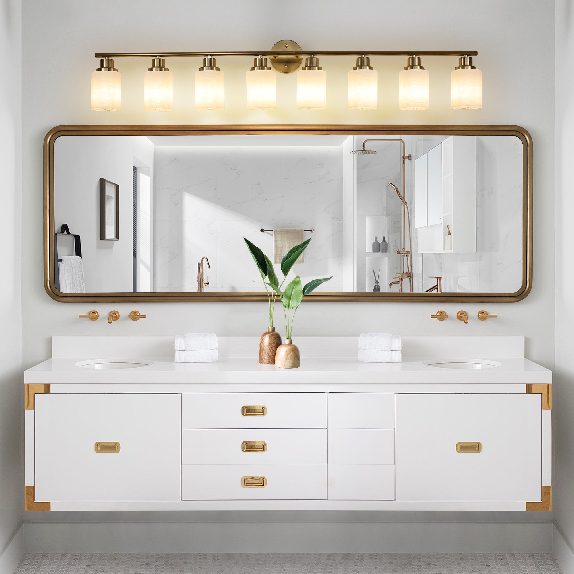 Vanity Wall Sconce Frosted Glass Shades for Bathroom or Hallway Lighting 4-5-6-8Light Gold / 8-lights