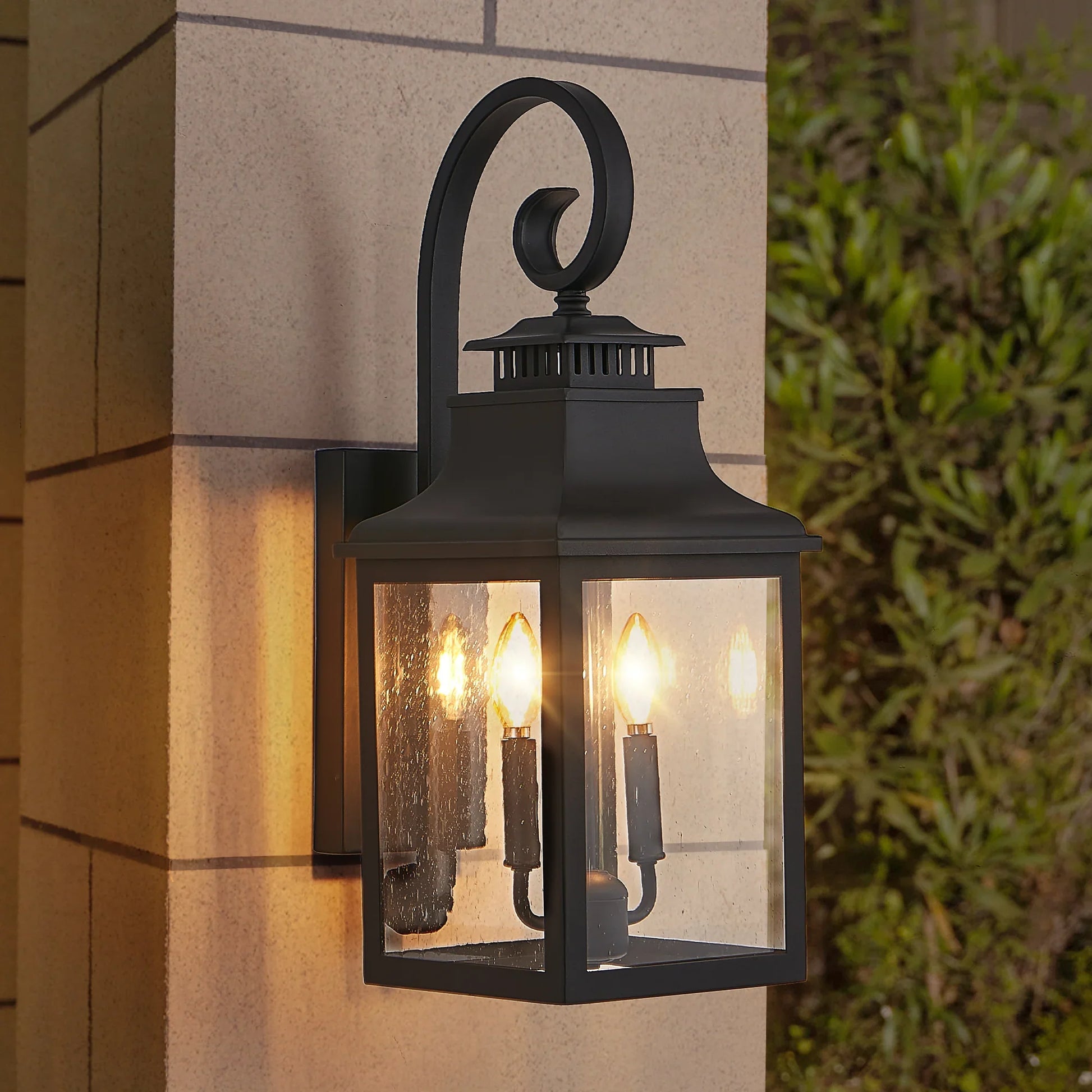 Outdoor Wall Lantern Light Vintage Black Metal Sconce with Clear Seeded Glass - okeli lights