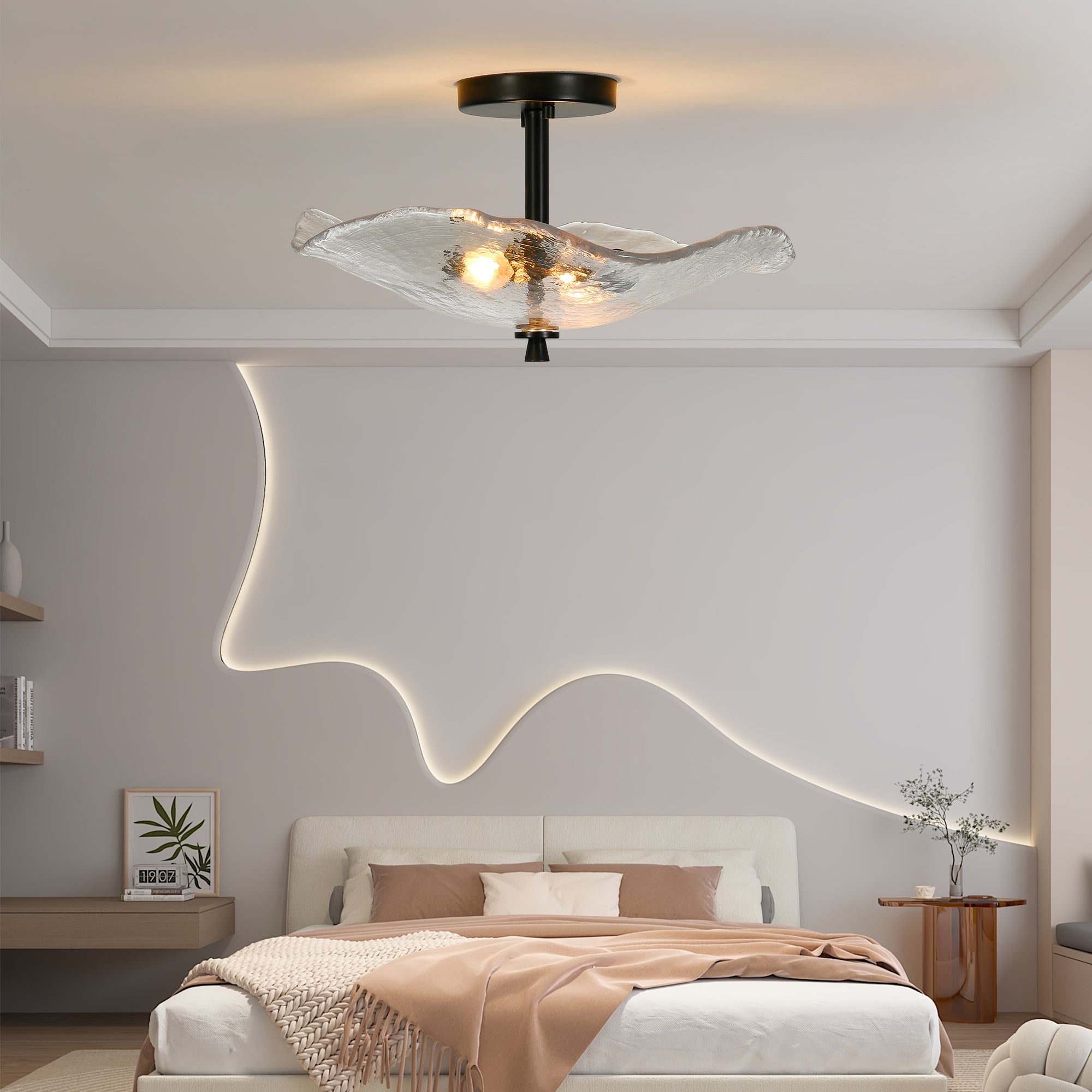 Ceiling Light Fixtures Flush Mount Indoor Outdoor Ceiling Light with Water Ripple Glass