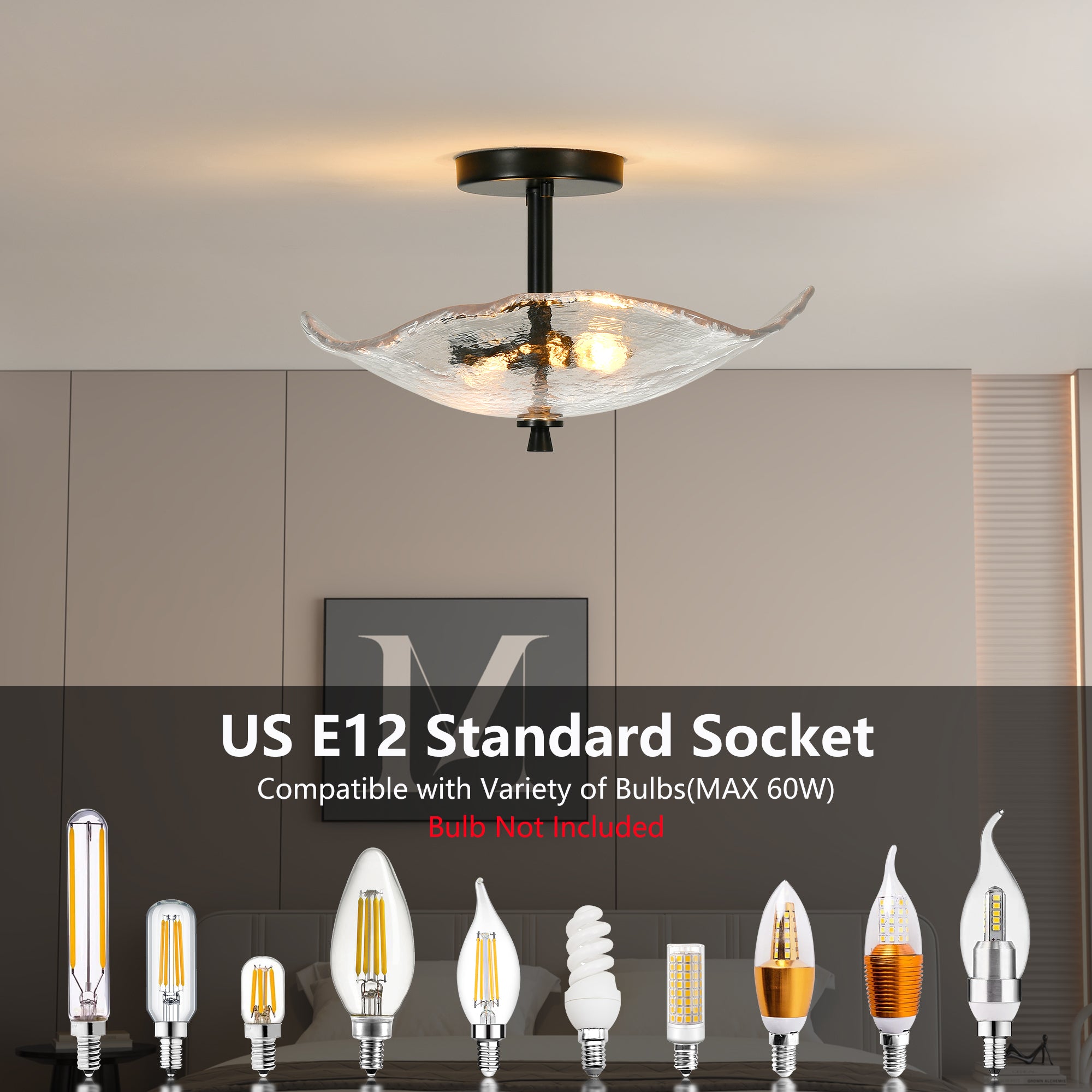 Ceiling Light Fixtures Flush Mount Indoor Outdoor Ceiling Light with Water Ripple Glass