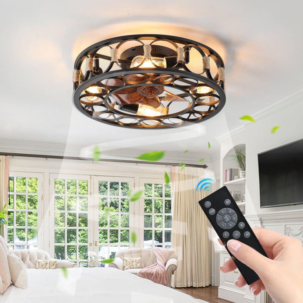 Low Profile Caged Ceiling Fan with Lights Remote Control 6 Speeds Reversible Farmhouse Flush Mount