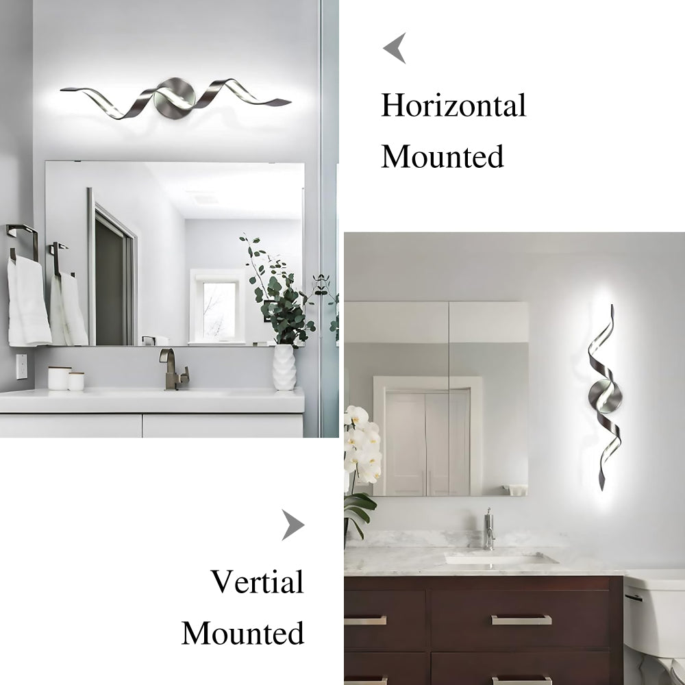 24-Inch Modern Spiral LED Bathroom Vanity Light, Dimmable Black Wall Light Fixture for Bathroom Mirror